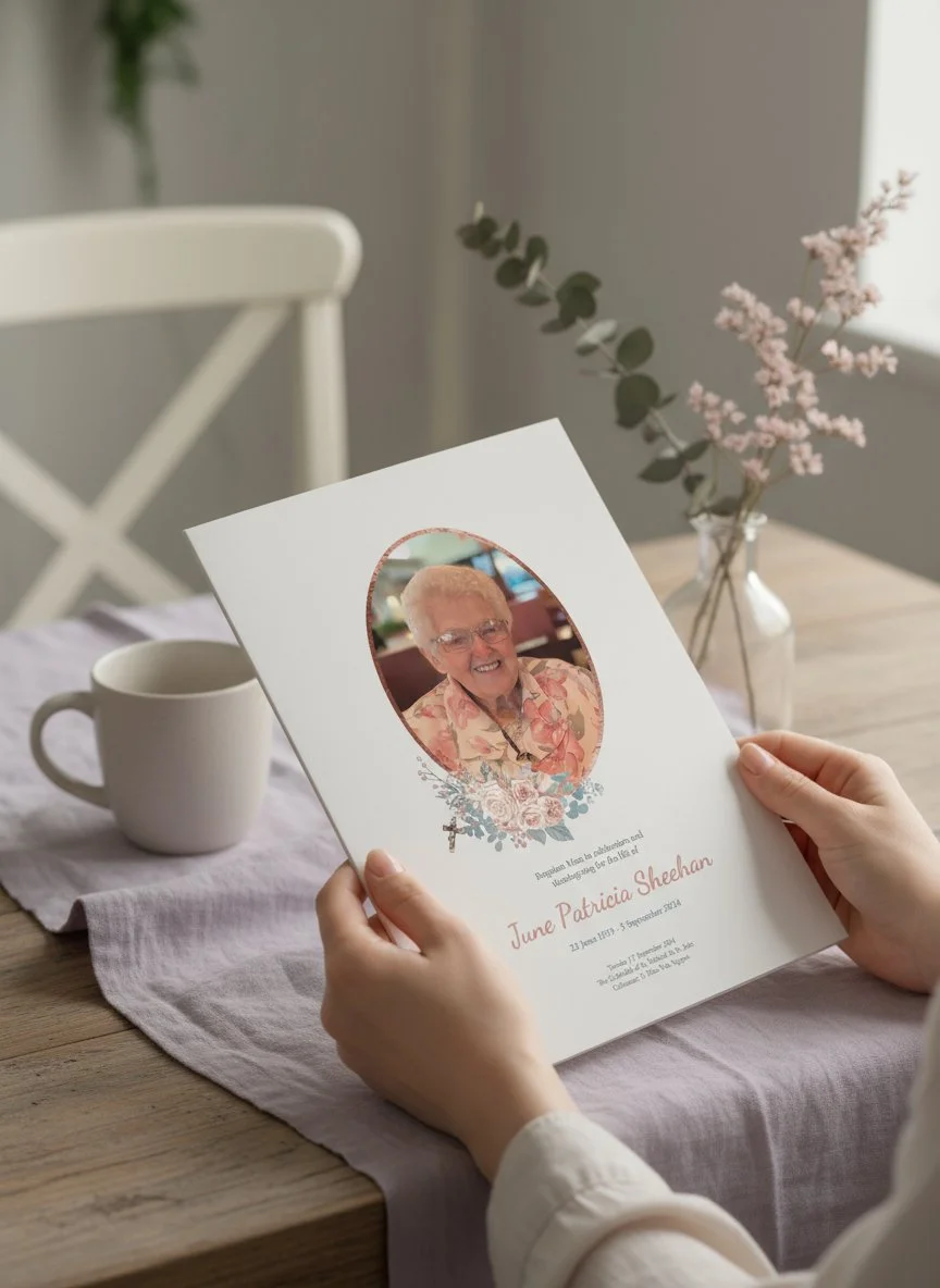 A person holding a memorial card with a photo of an elderly woman in floral clothing, decorative flowers, and a Bible verse, on a wooden table with a mug, a cloth napkin, and a vase of pink flowers.