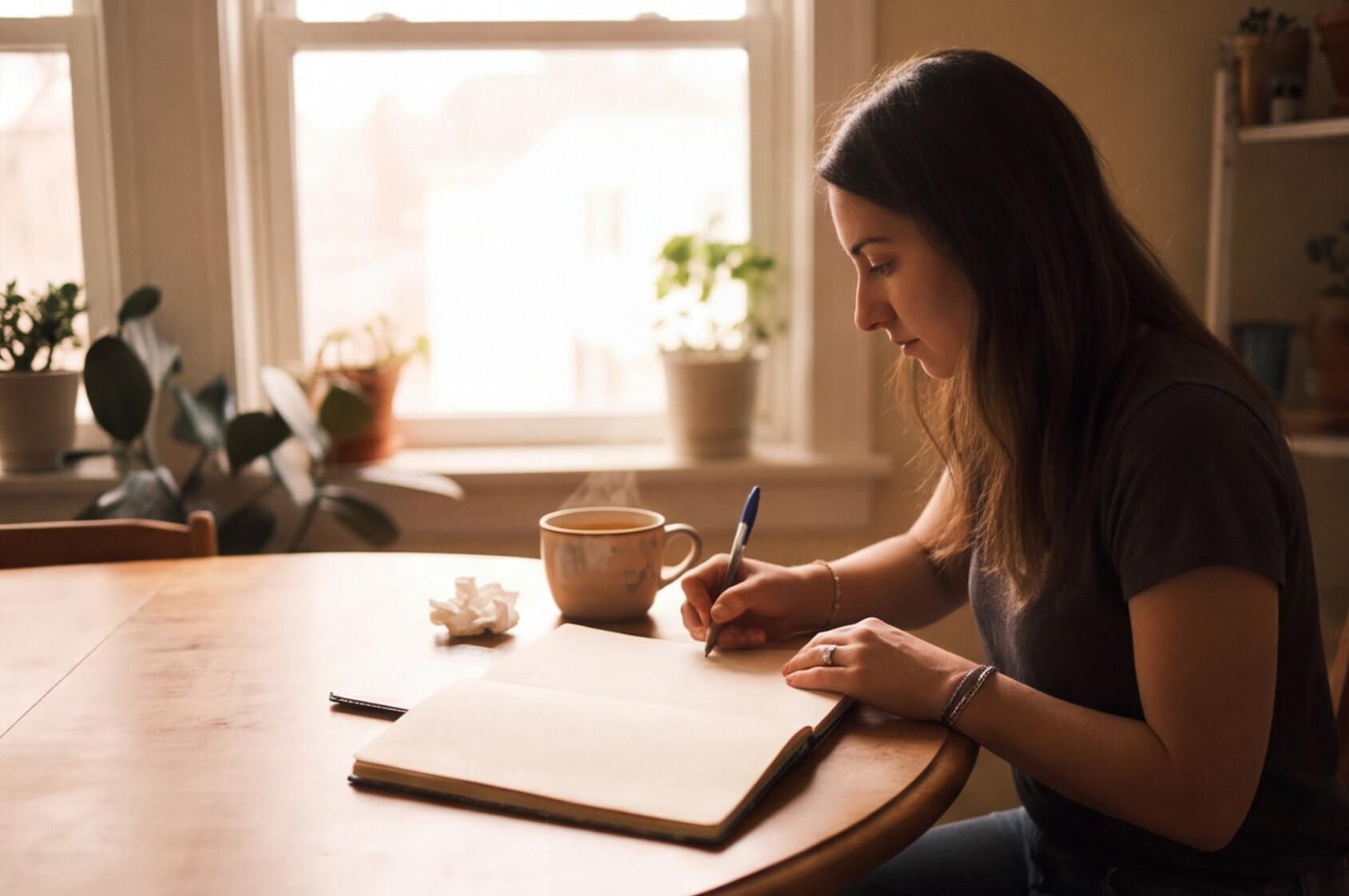 A person writing a eulogy by hand at a wooden table with a cup of tea