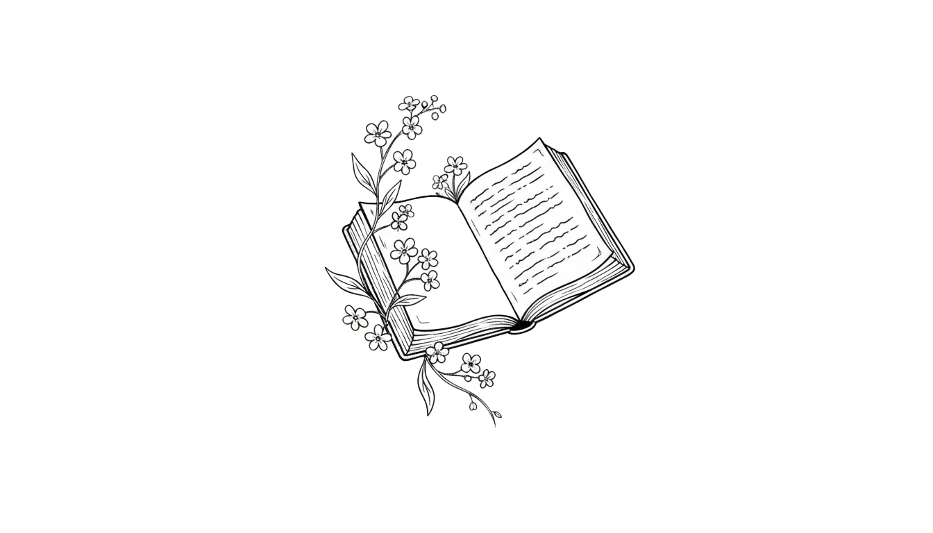 An open book with pages visible and a sprig of flowers intertwined with it, set against a black background.