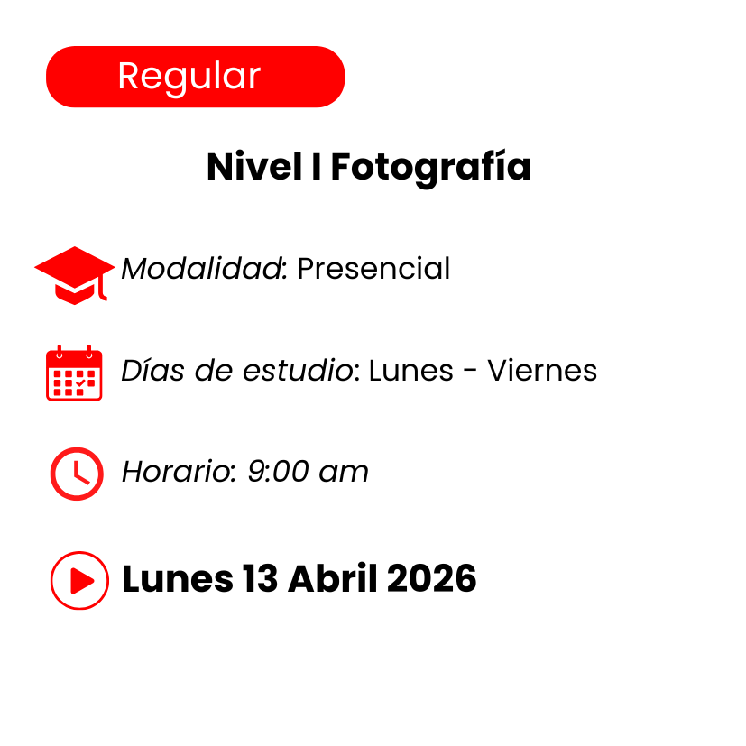 Información sobre un curso de fotografía de nivel básico, modalidad presencial, días lunes a viernes, a las 9:00 am, inicio el lunes 13 de abril de 2026.