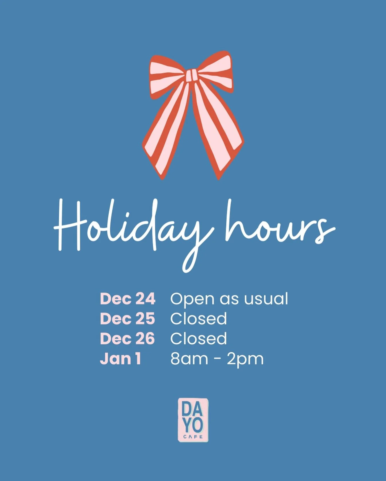 Holiday hours at DAYO 🎄✨ We&rsquo;re open and ready to feed your festive catch-ups, coffee dates, and post-beach bites.
Check our updated opening hours and swing by 🤍

#dayocafe #christmas #newyear
