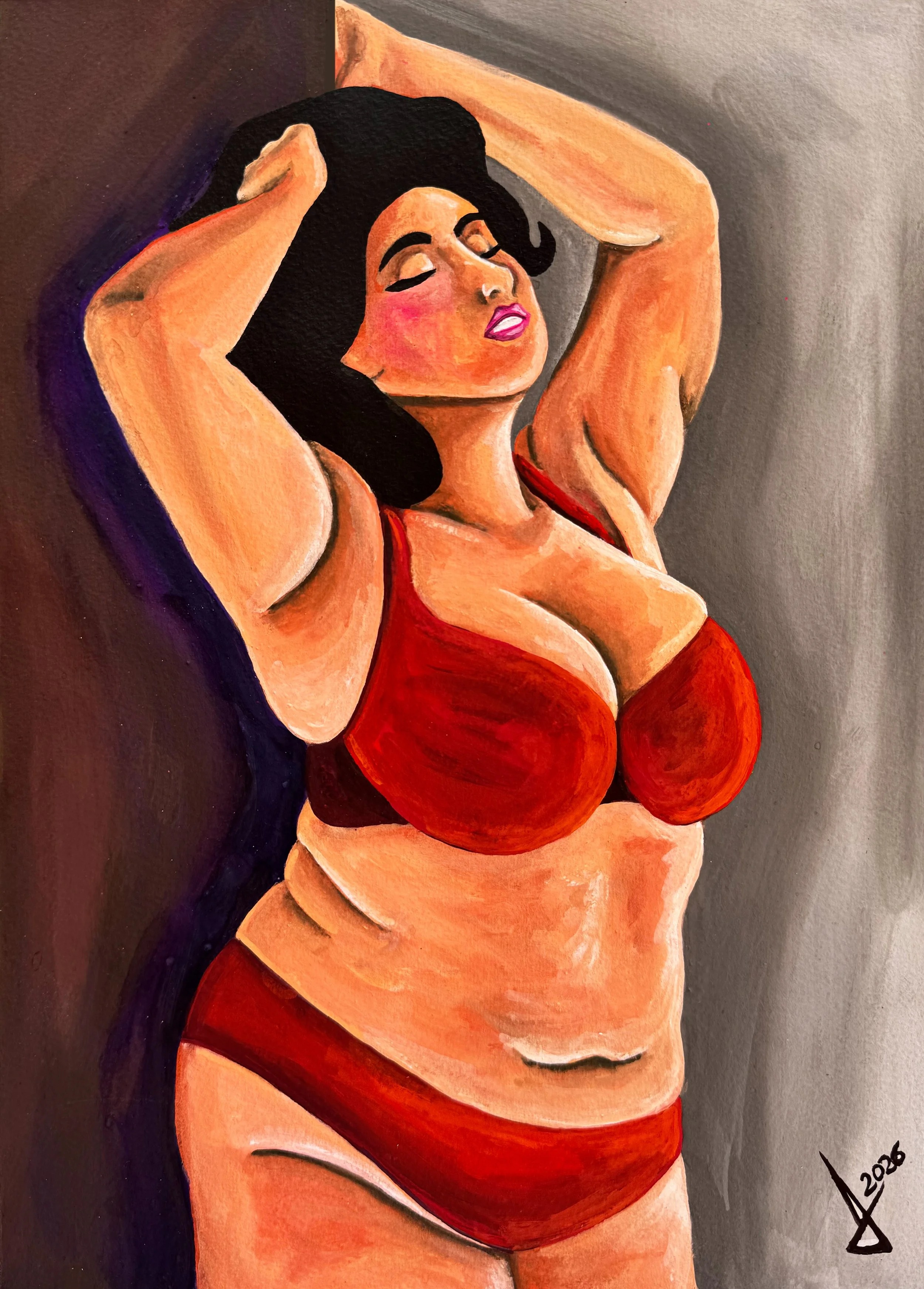 Título: "Plus Size"
Medidas: 30 x 22 cm
Técnica: Gouache en papel
Año: 2026
Precio: 2,500 pesos