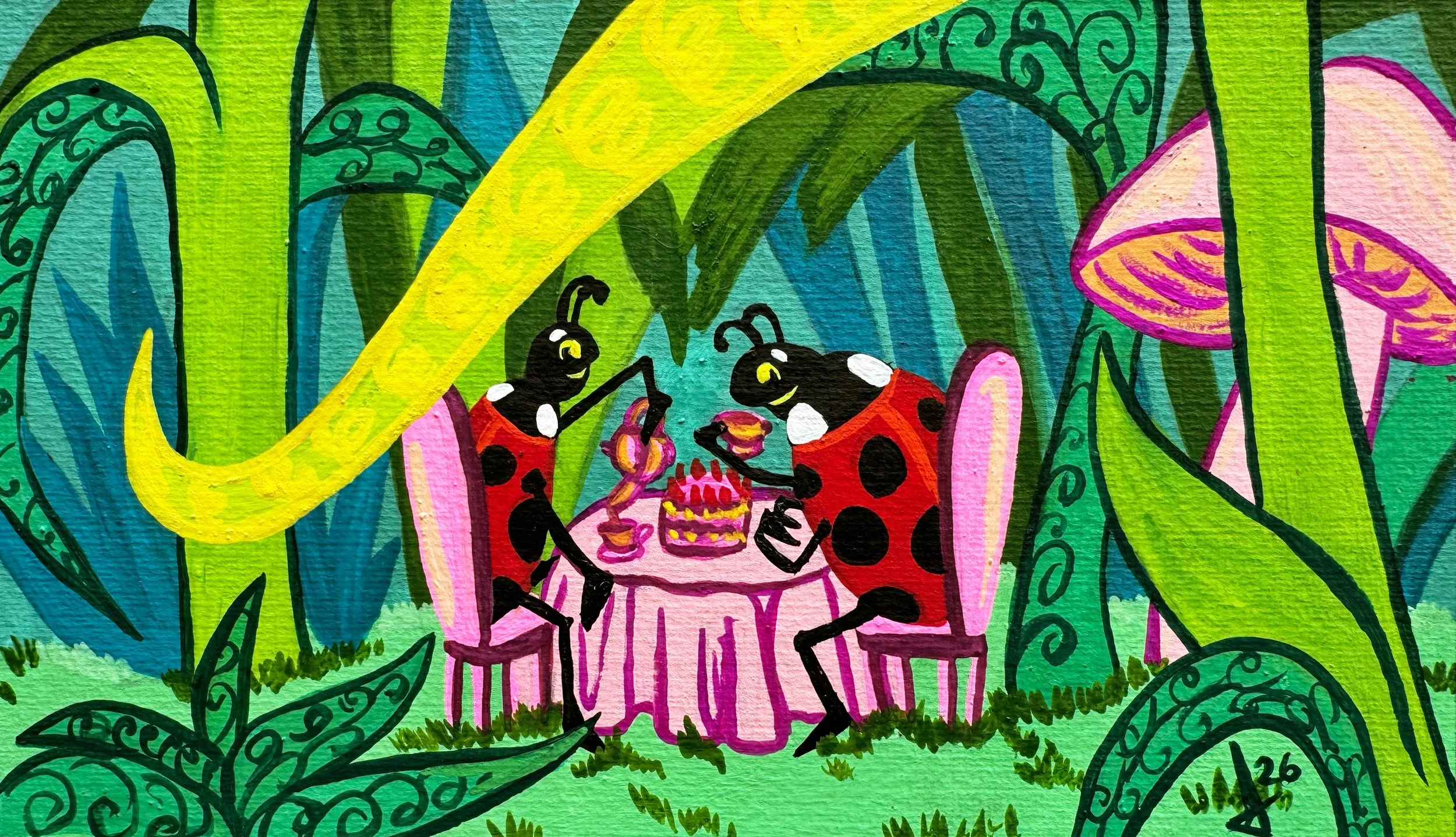 Título: "Fiesta de Té."
Medidas: 12 x 21 cm
Técnica: Gouache en papel
Año: 2026
Precio: 1,500 pesos