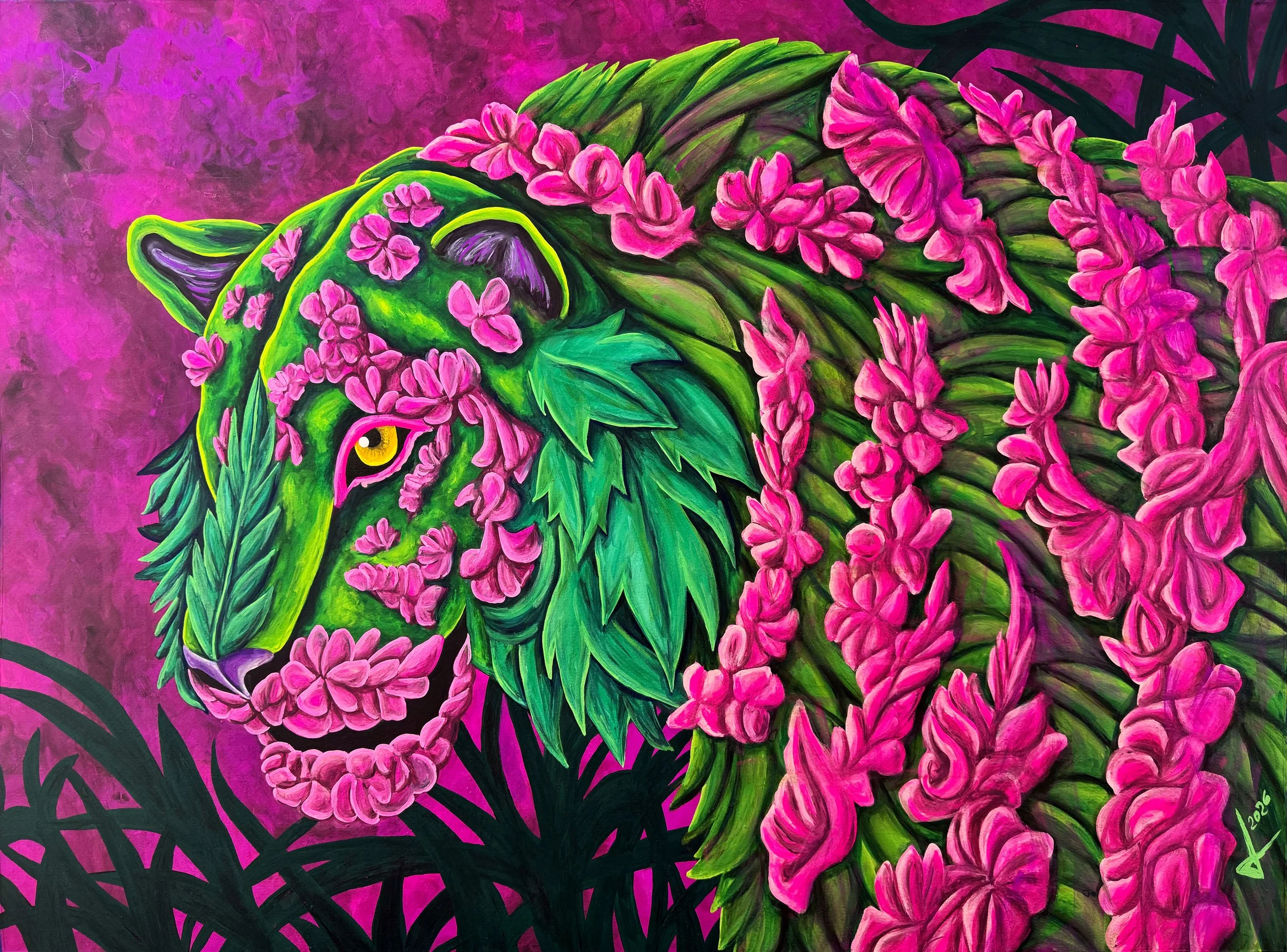 Título: "Tigre Floreciente."
Medidas: 54 x 74 cm
Técnica: Gouache en papel
Año: 2026
Precio: 35,000 pesos