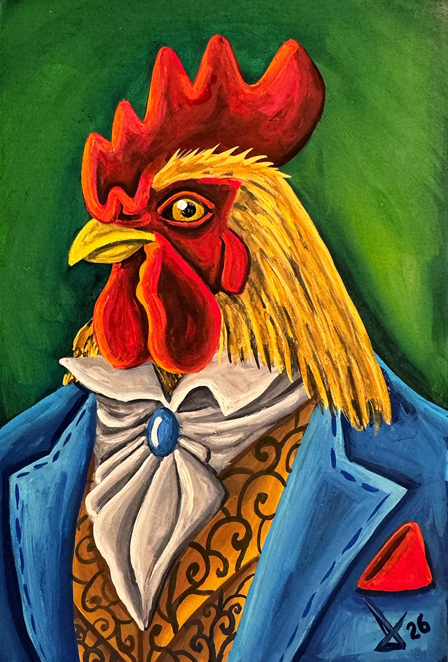 Título: "Don Gallo."
Medidas: 21 x 15 cm
Técnica: Gouache 
Año: 2026
Vendido