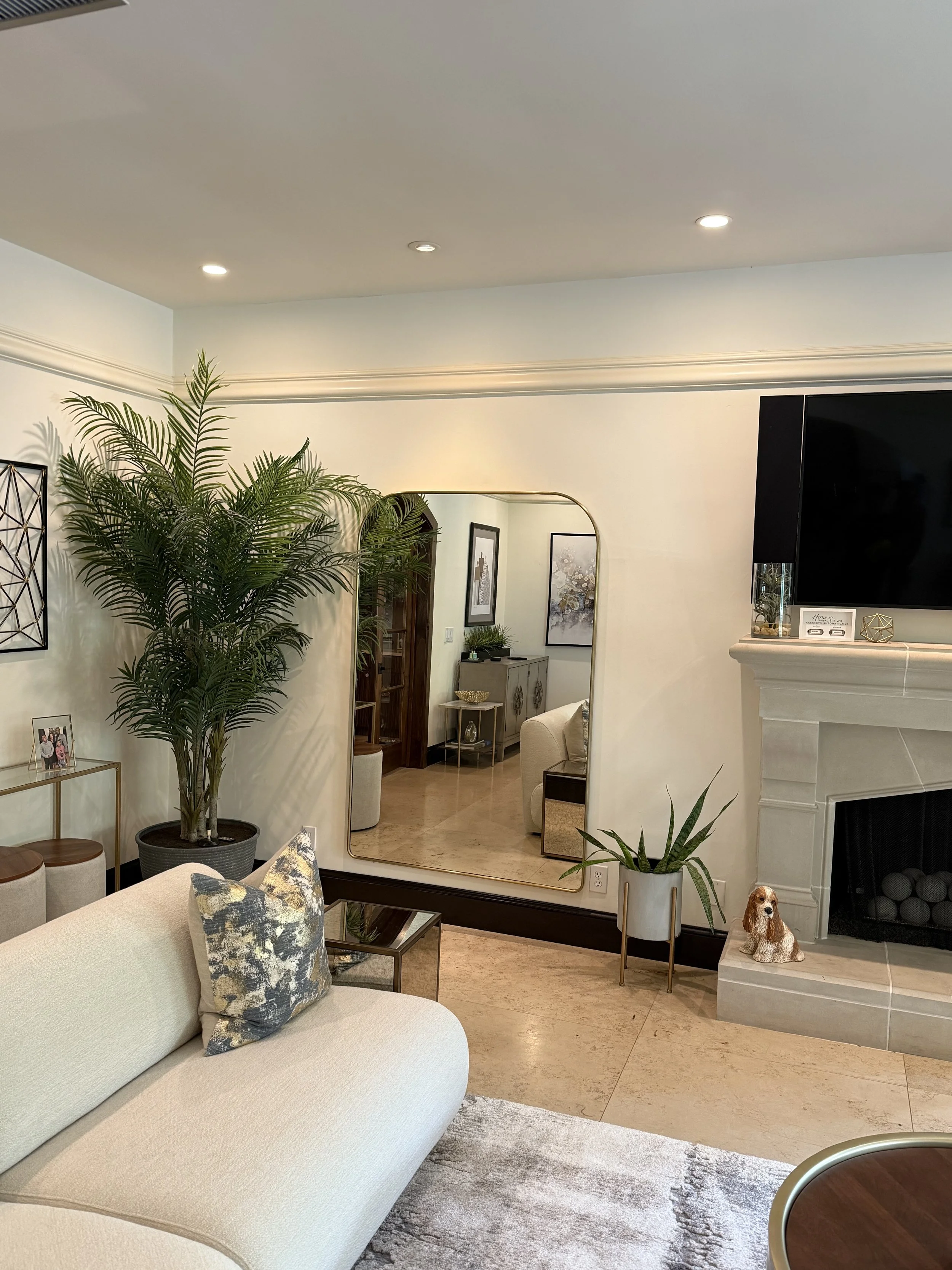 Living room with white sofa, decorative pillows, large potted plant, mirror, fireplace with dog figurine, wall art, and a TV. Light Up Atlanta