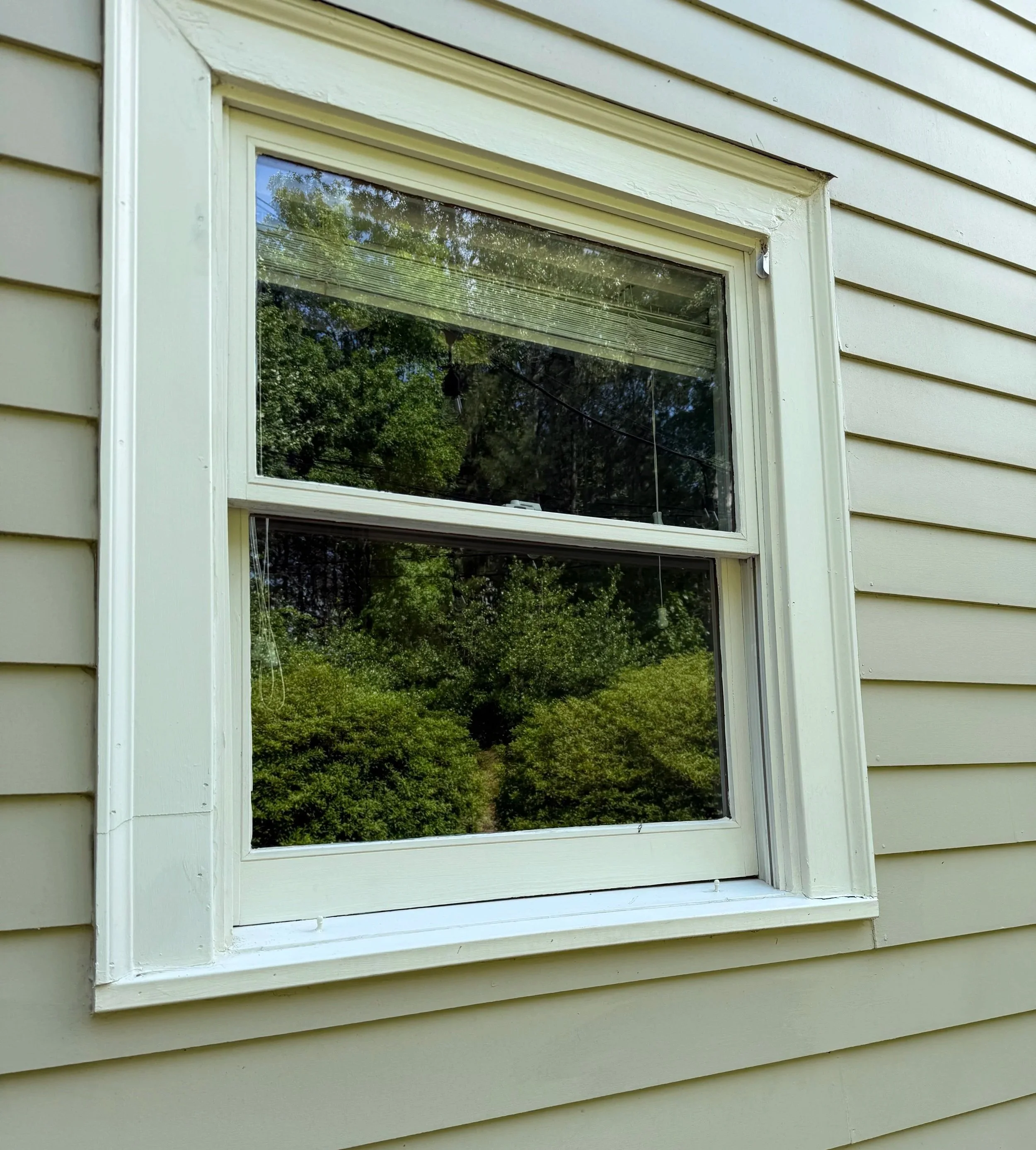 A double-hung window on the side of a house with beige siding, reflecting trees and blue sky. Light Up Atlanta