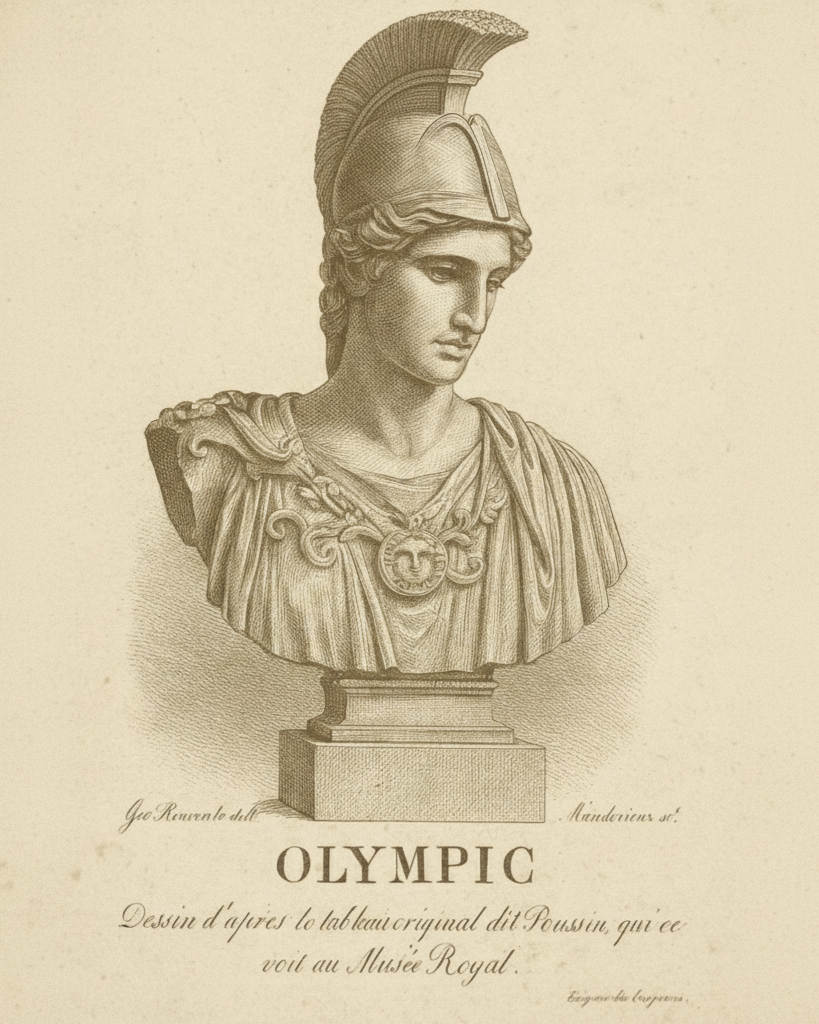 A classical-style drawing of a bust of a male figure wearing a helmet and armor, labeled 'Olympic,' with some French writing underneath.