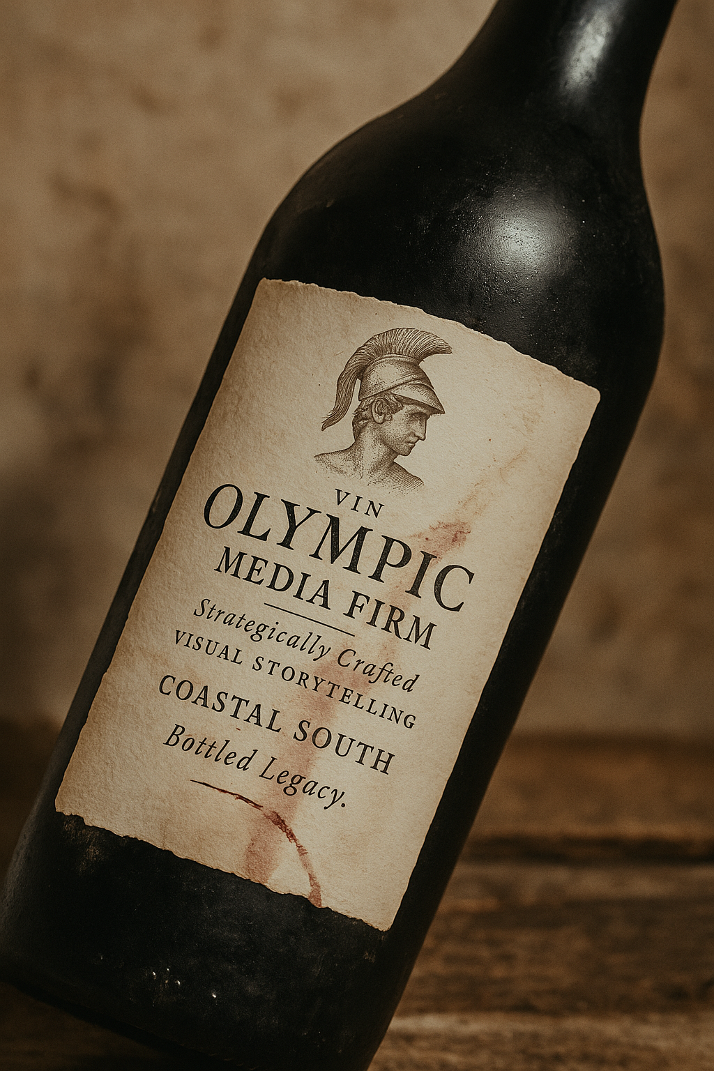 A bottle of wine with a vintage-looking label featuring a drawing of a Roman soldier's head in profile. The label reads 'Vin Olympic Media Firm,' and describes the wine as 'strategically crafted visual storytelling coastal south bottled legacy.' The bottle is black, and the background is a wooden surface.