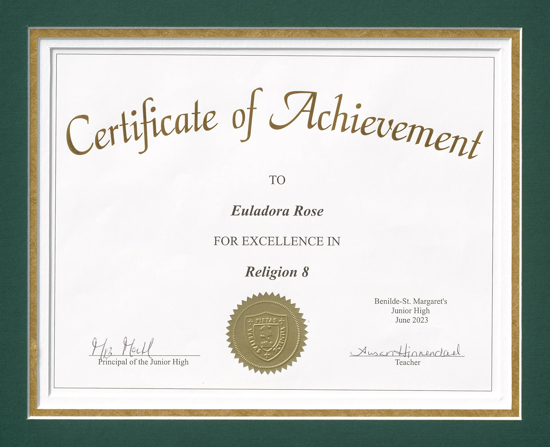 Benidle St. Margaret's Certificate of Achievement