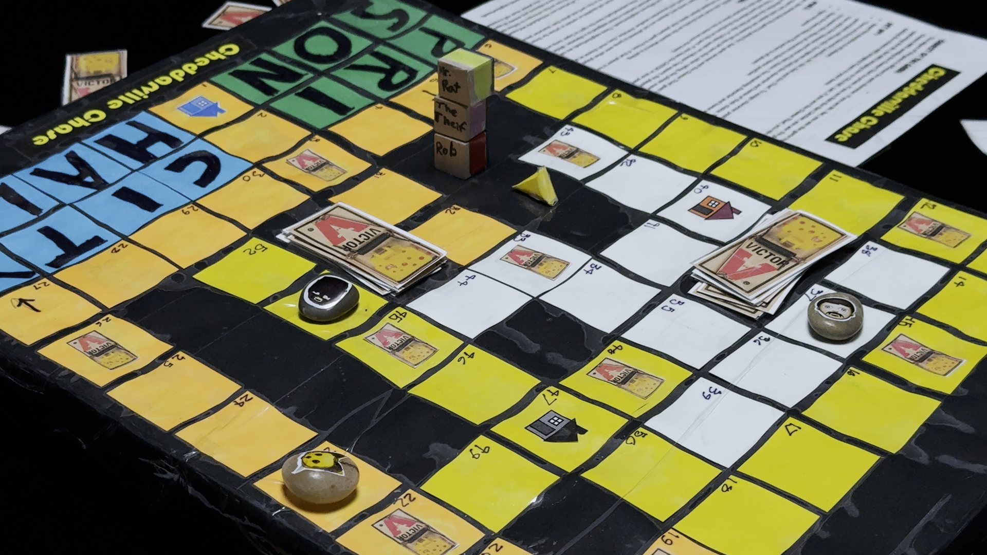 A close-up of a game board of Monopoly with game pieces, money, and property cards on the board.