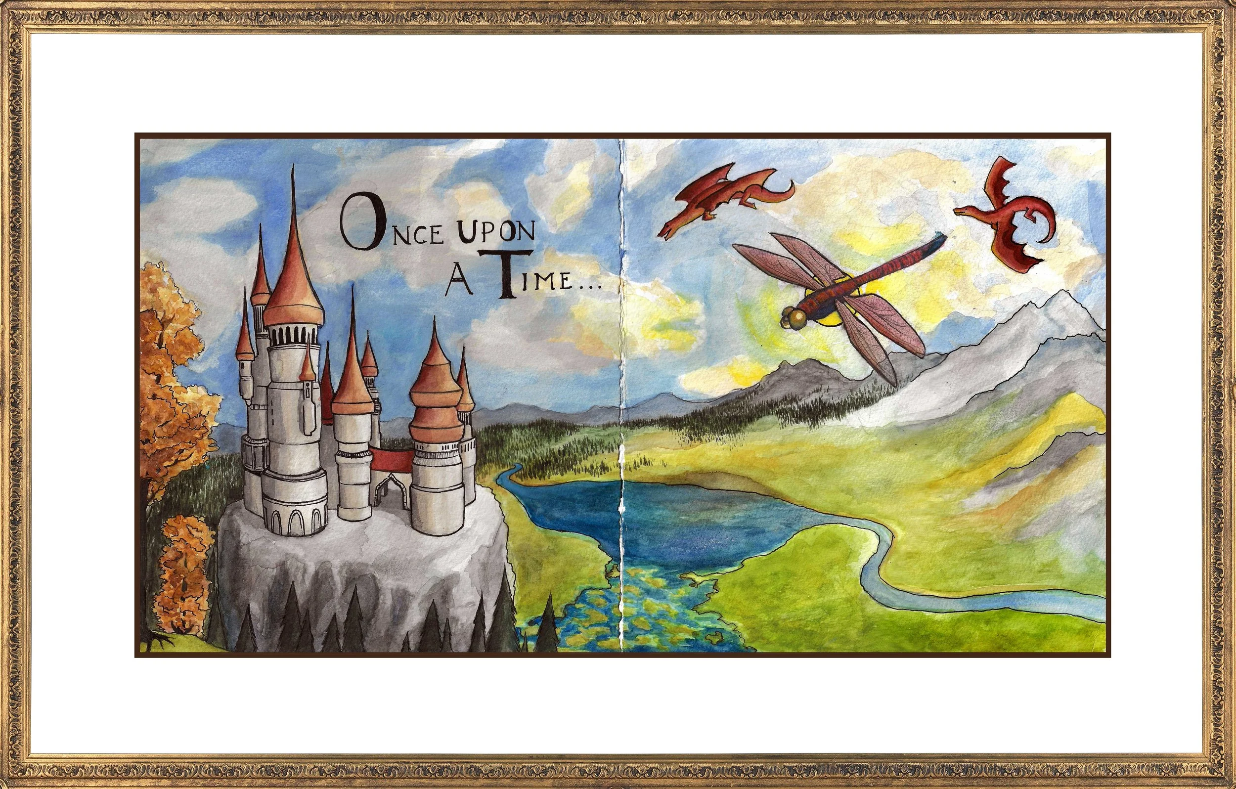 Illustration of a fairytale castle on a rocky hill on the left, with a river and green landscape extending to mountains on the right. Flying dragons and a large dragonfly are in the sky, with the words 'Once Upon a Time...' written on the upper left.
