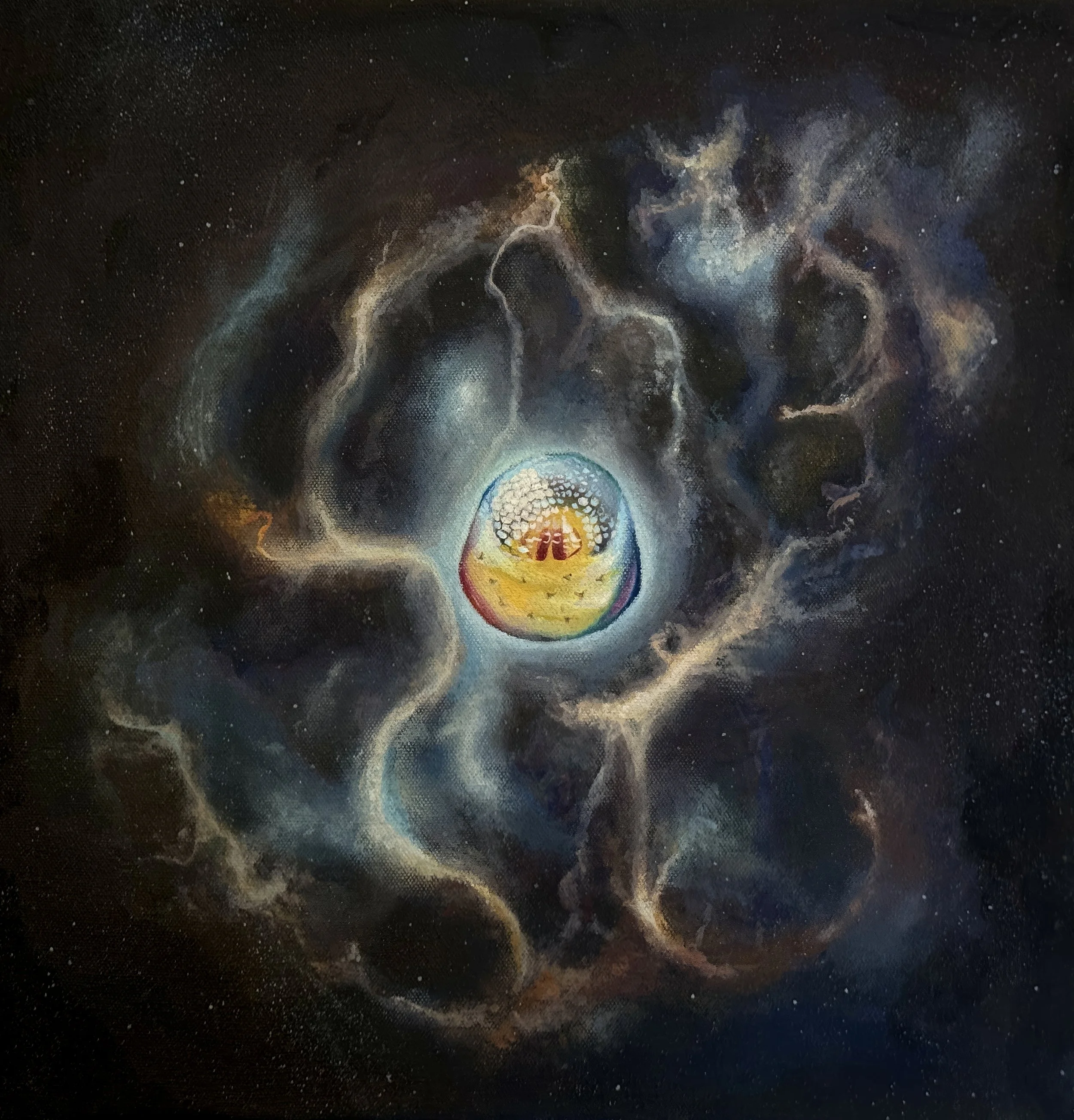 An abstract painting of a cosmic scene with a bright, colorful sphere at the center, surrounded by swirling nebula clouds and stars in outer space.