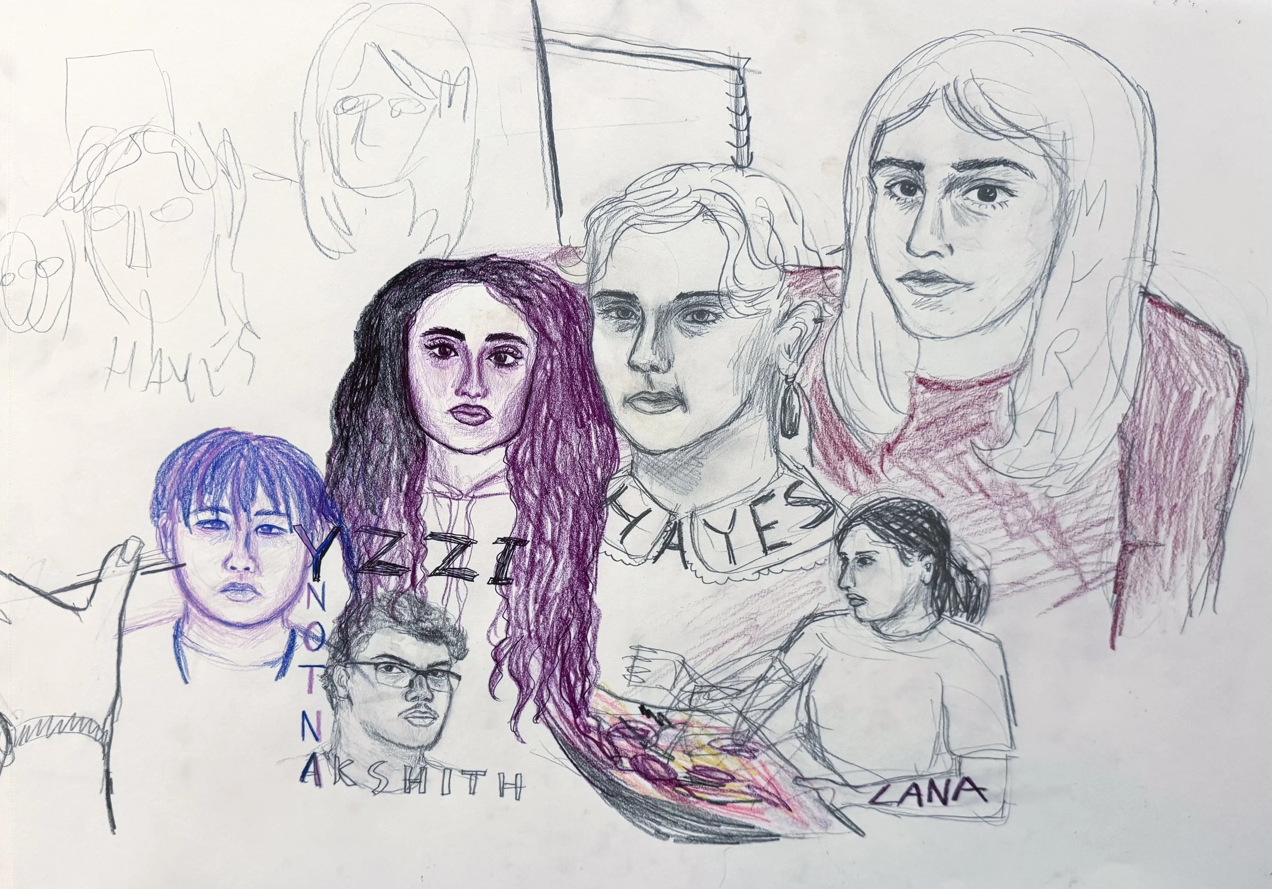 A collection of hand-drawn portraits of people, some colored with colored pencils and others sketched in black ink. The portraits depict diverse individuals with various facial expressions and hairstyles.
