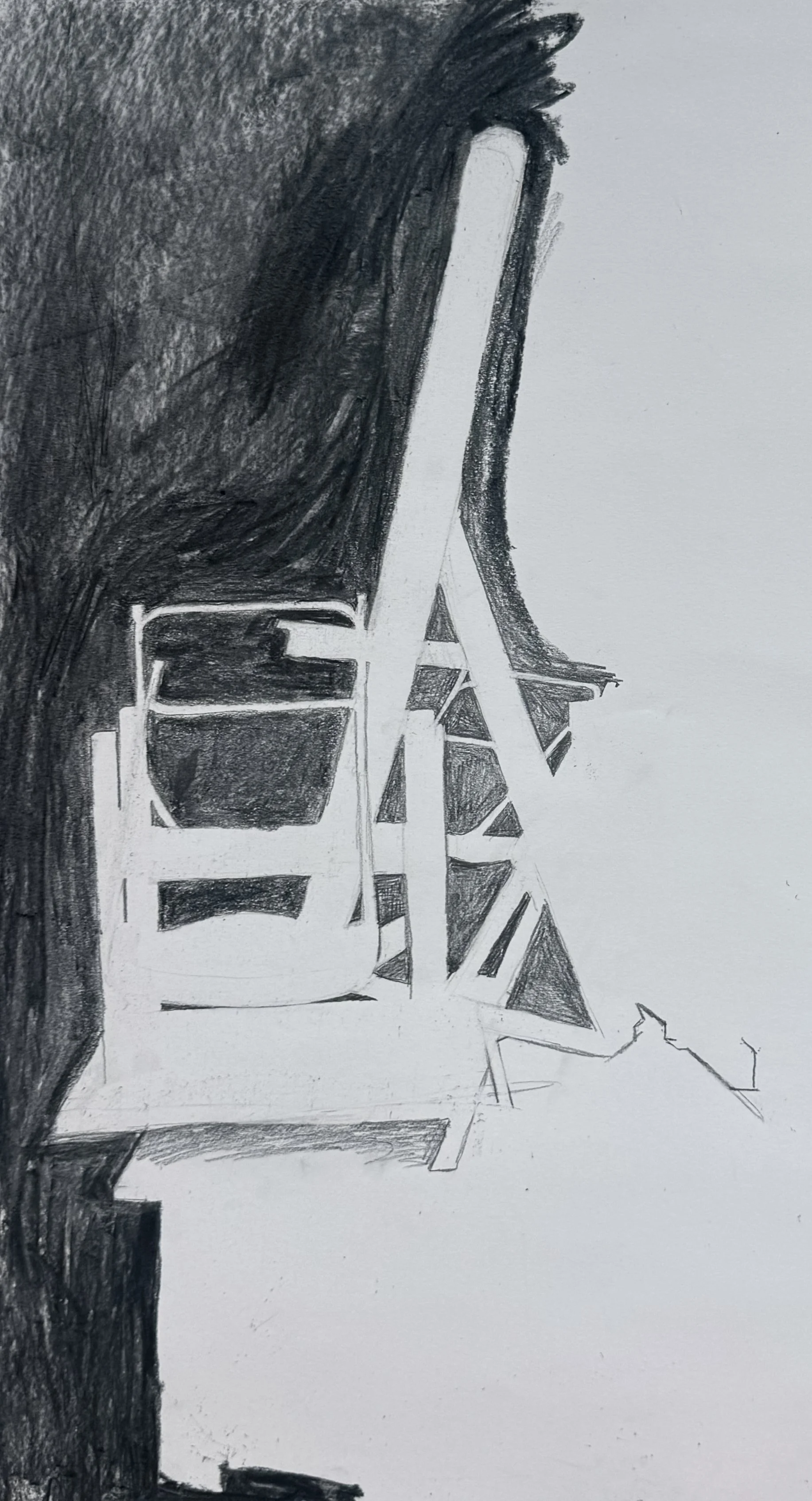Black and white pencil sketch of a person with long hair on the left side, a structure with a ladder in the center, and a cat at the bottom right.