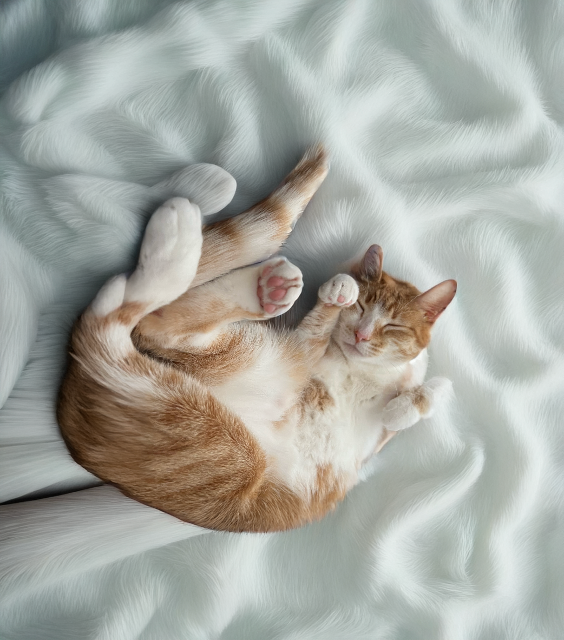 A ginger and white cat lying on its back on a soft, white, fluffy blanket, with eyes closed and paws curled.