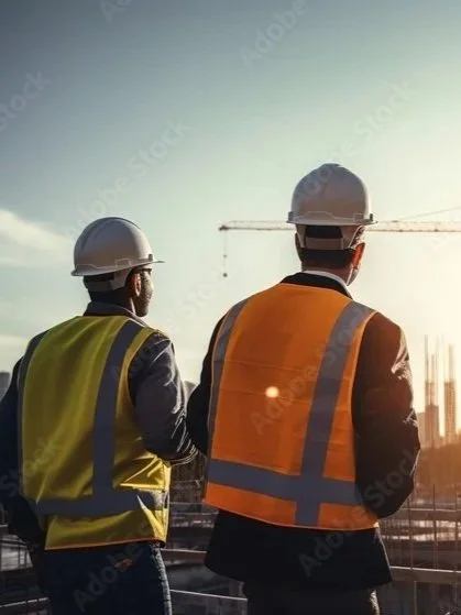 Two construction workers wearing safety vests and hard hats, standing on a construction site during sunset.