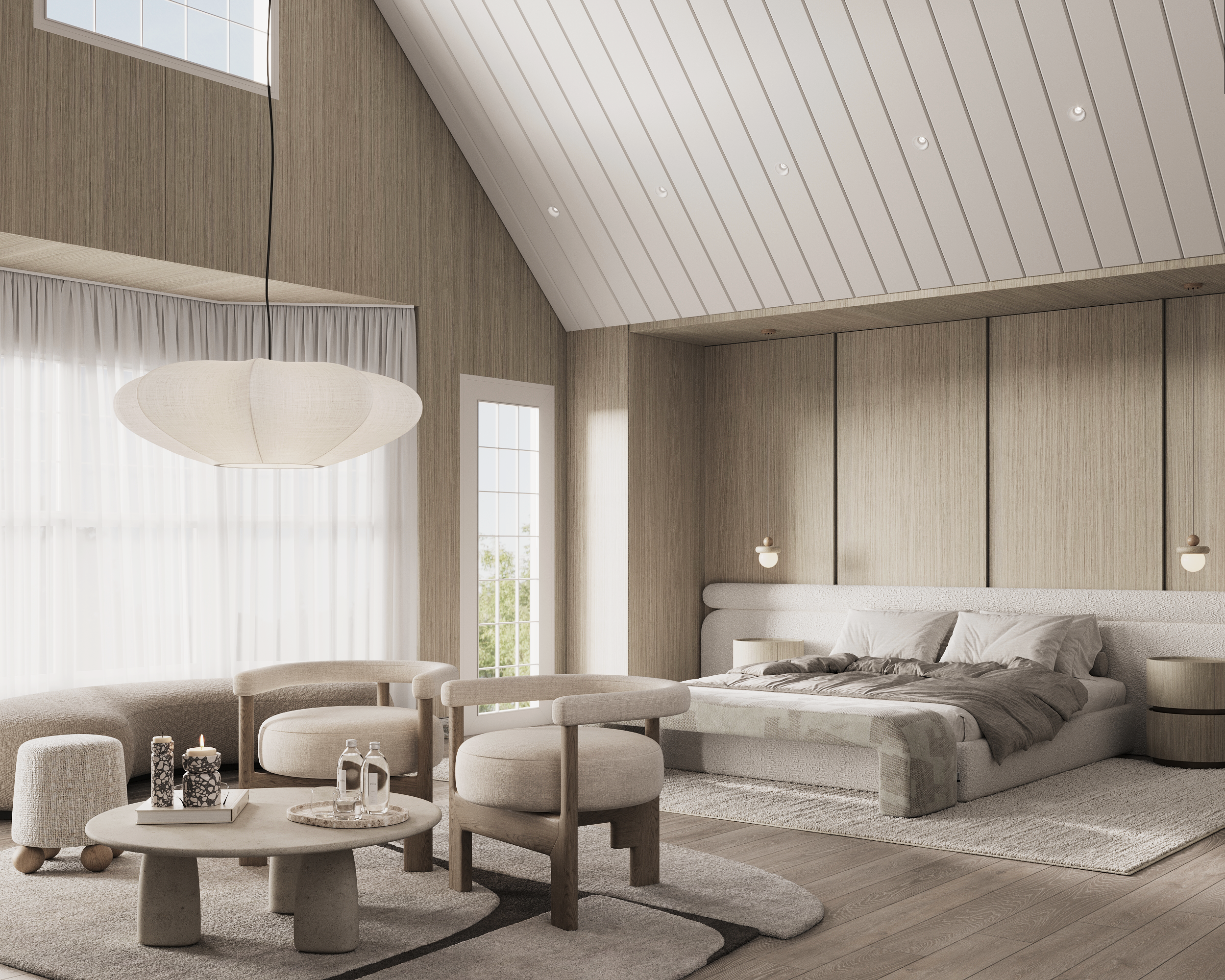 Modern luxury bedroom with white bedding, soft natural light, and minimalist furniture creating a cozy and refined interior design.