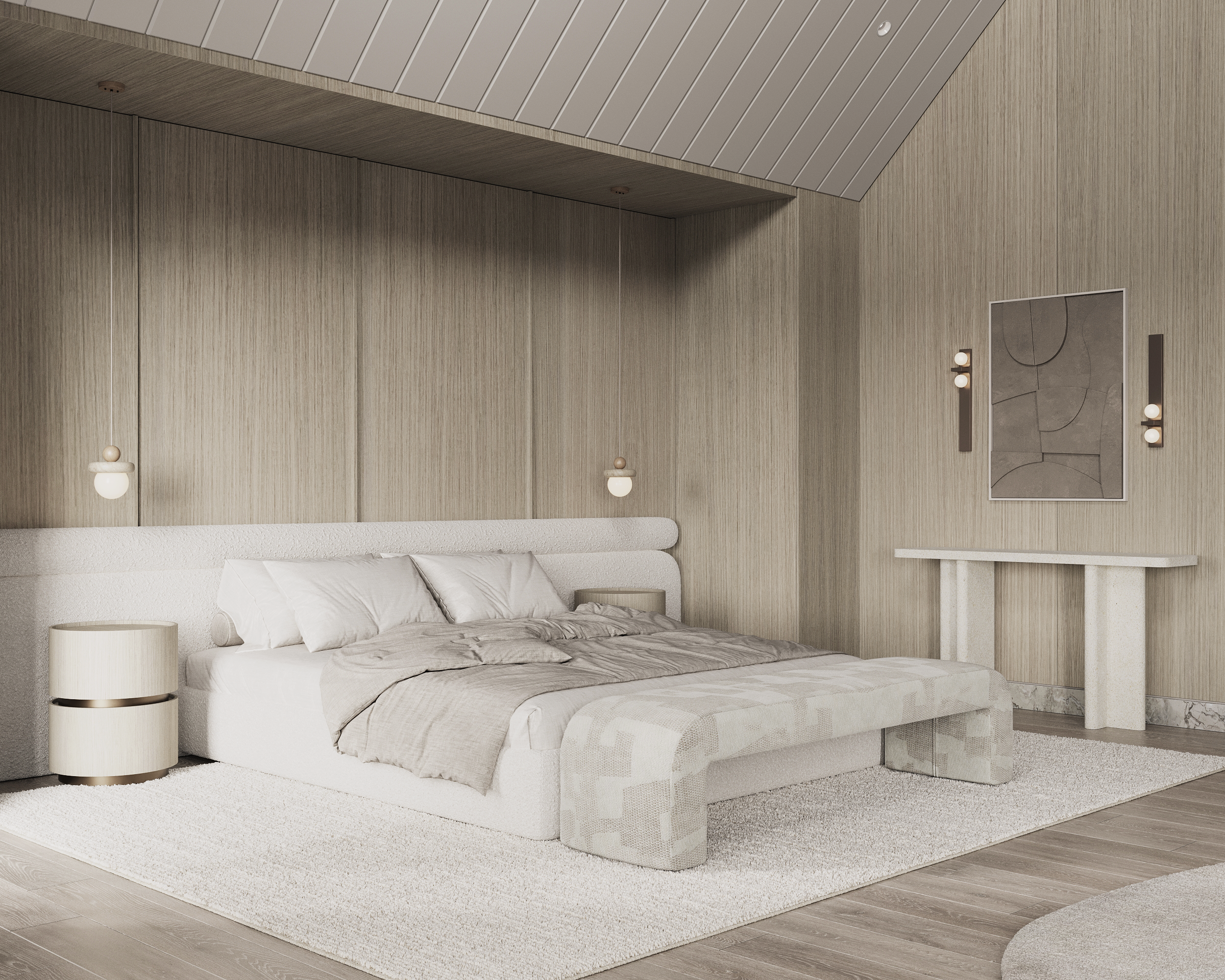 Luxury bedroom interior with wood wall paneling, upholstered bed, soft neutral tones, and modern minimalist styling