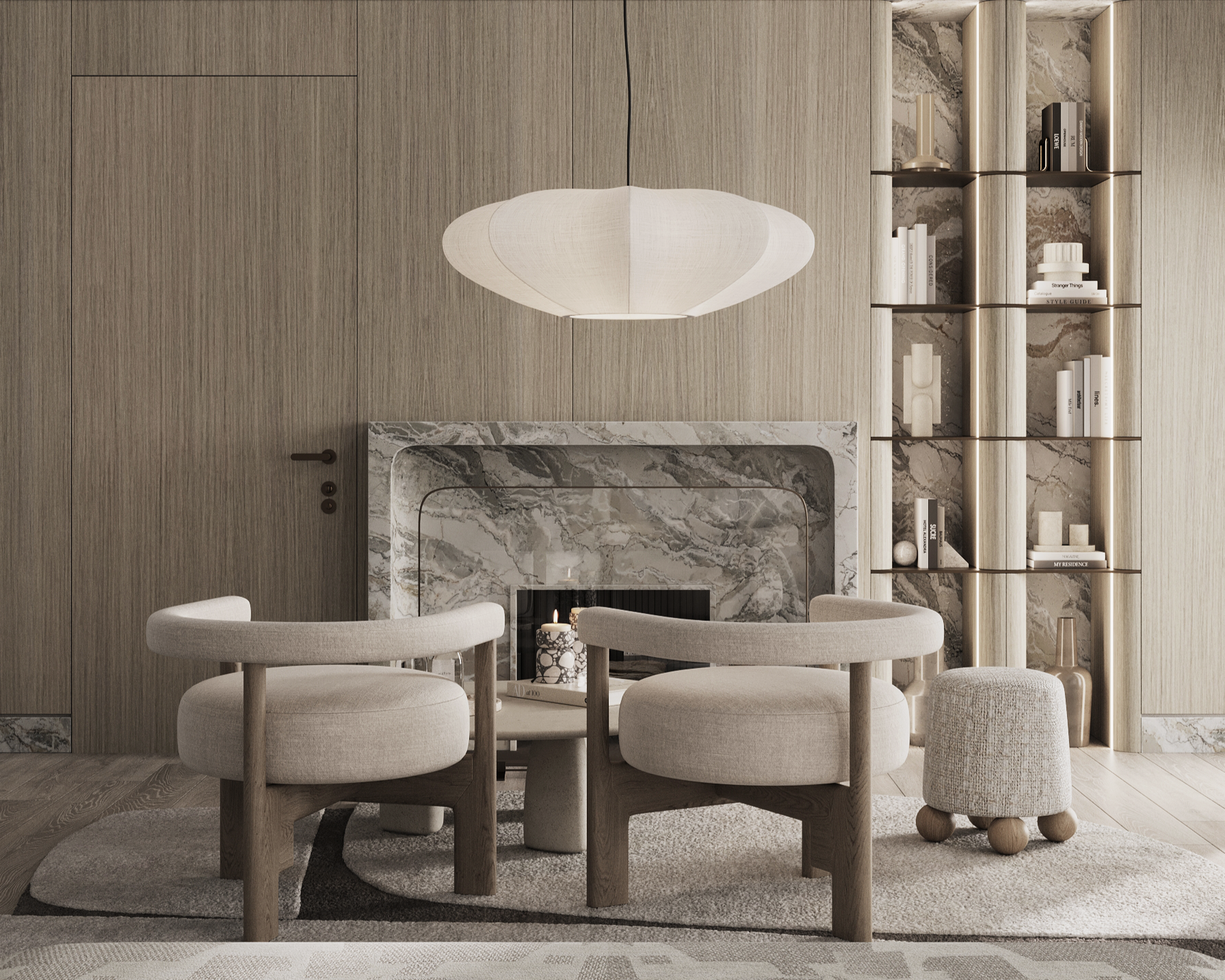 Luxury living room interior with marble fireplace, wood wall paneling, and modern seating designed by Sonia Serrouya