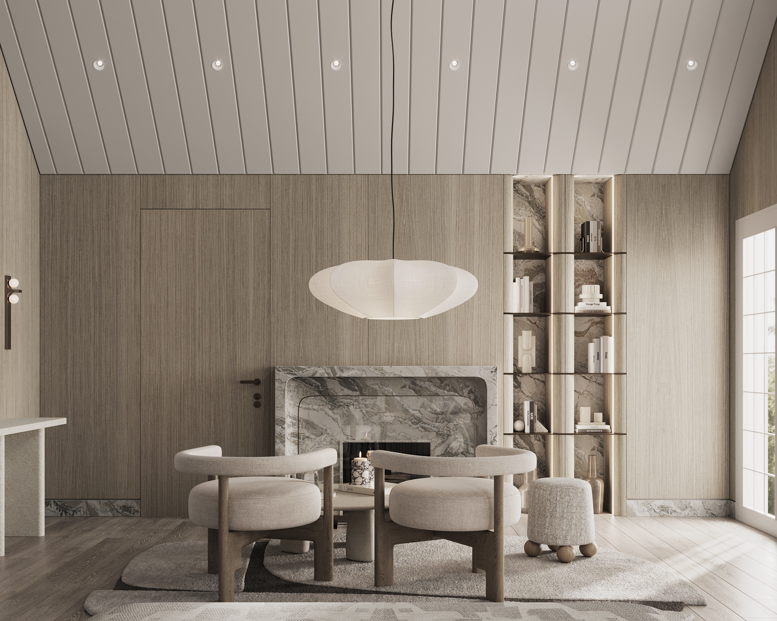 Luxury living room interior with marble fireplace, wood wall paneling, and modern seating designed by Sonia Serrouya