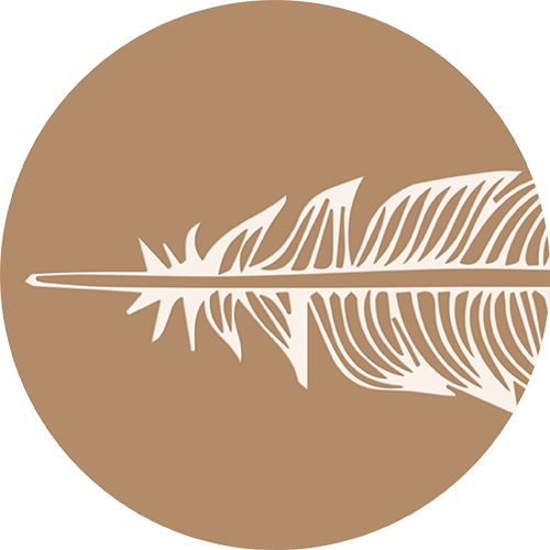 Silhouette of a feather on a circular brown background.