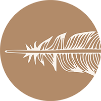 A feather depicted in white on a brown circular background.
