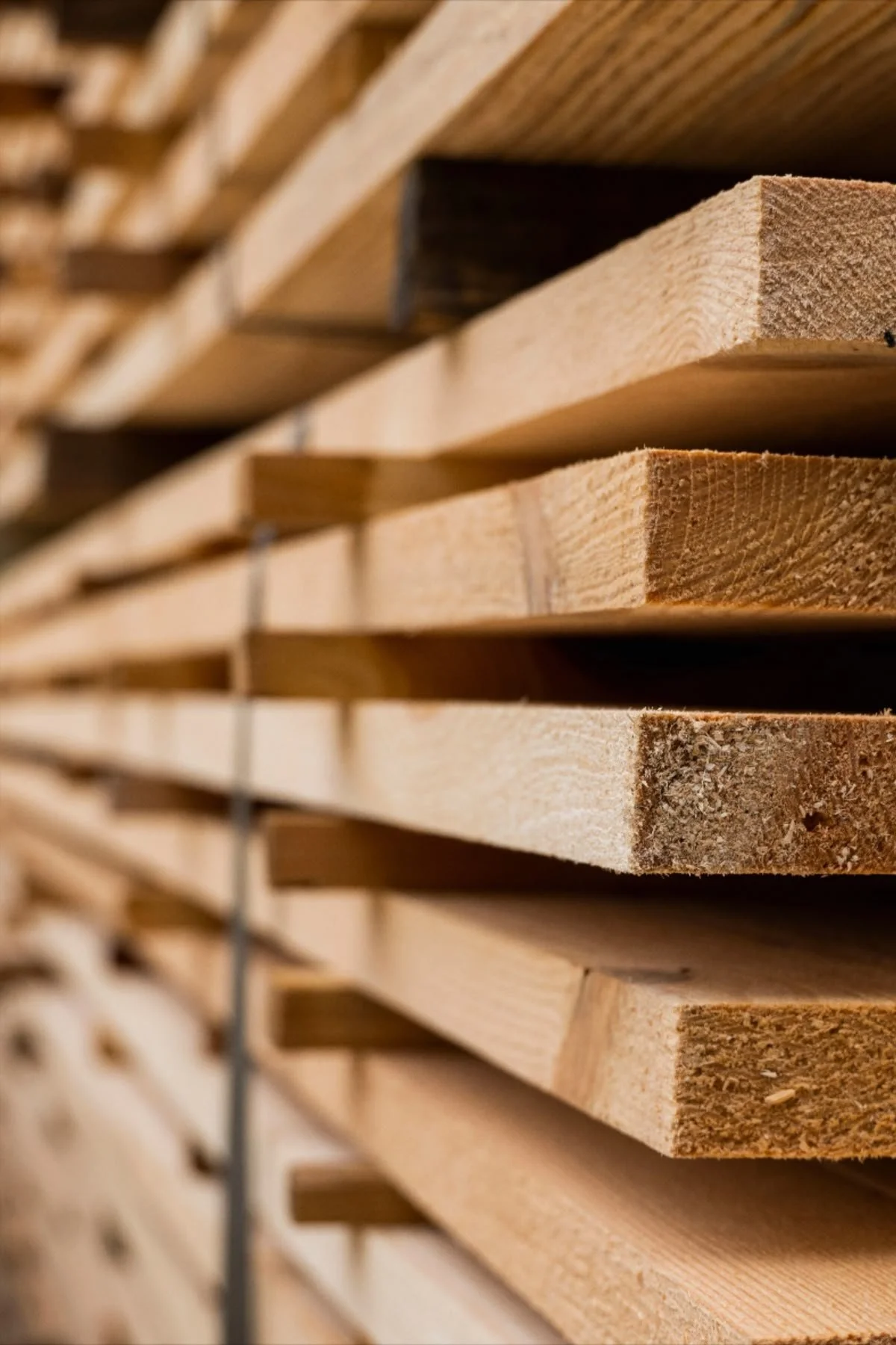 Ripiano di assi di legno impilati, in primo piano.