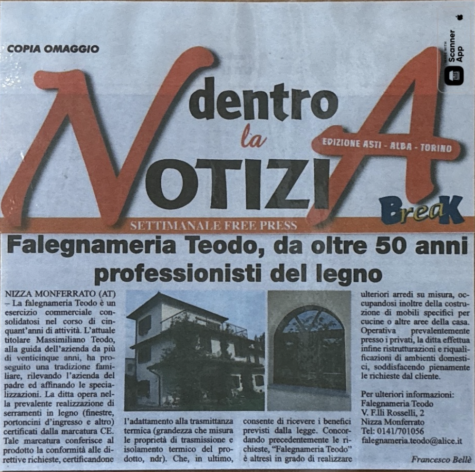 Un articolo di giornale sulla falegnameria Teodo di Nizza Monferrato, con foto di un edificio e testo informativo sulla storia e le attività dell'azienda.