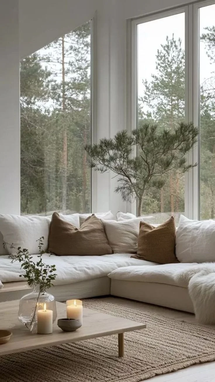 Cozy living room with a white sectional sofa, brown and white pillows, a wooden coffee table with candles and a small plant, and large windows showing trees outside.