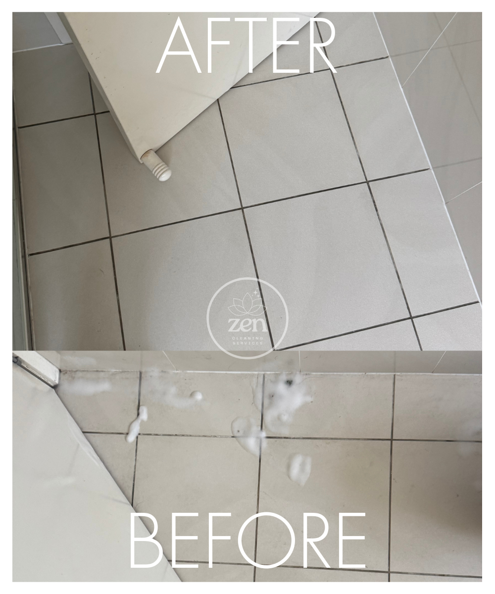 Comparison of bathroom floor tiles with removal of dirt and grime, showing before and after cleaning results. regular cleaning north brisbane, residential cleaning north brisbane, commercial cleaning north brisbane, office cleaning north brisbane, ho