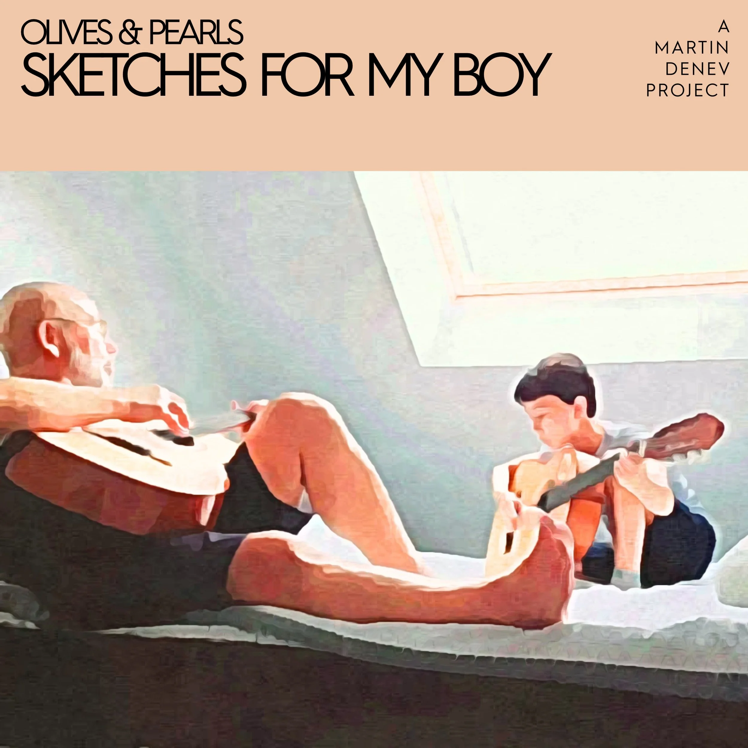 An elderly man and a young boy are lying on a bed playing guitars together. The man is shirtless and wearing shorts, while the boy is wearing a t-shirt and shorts. The room has a skylight in the ceiling.