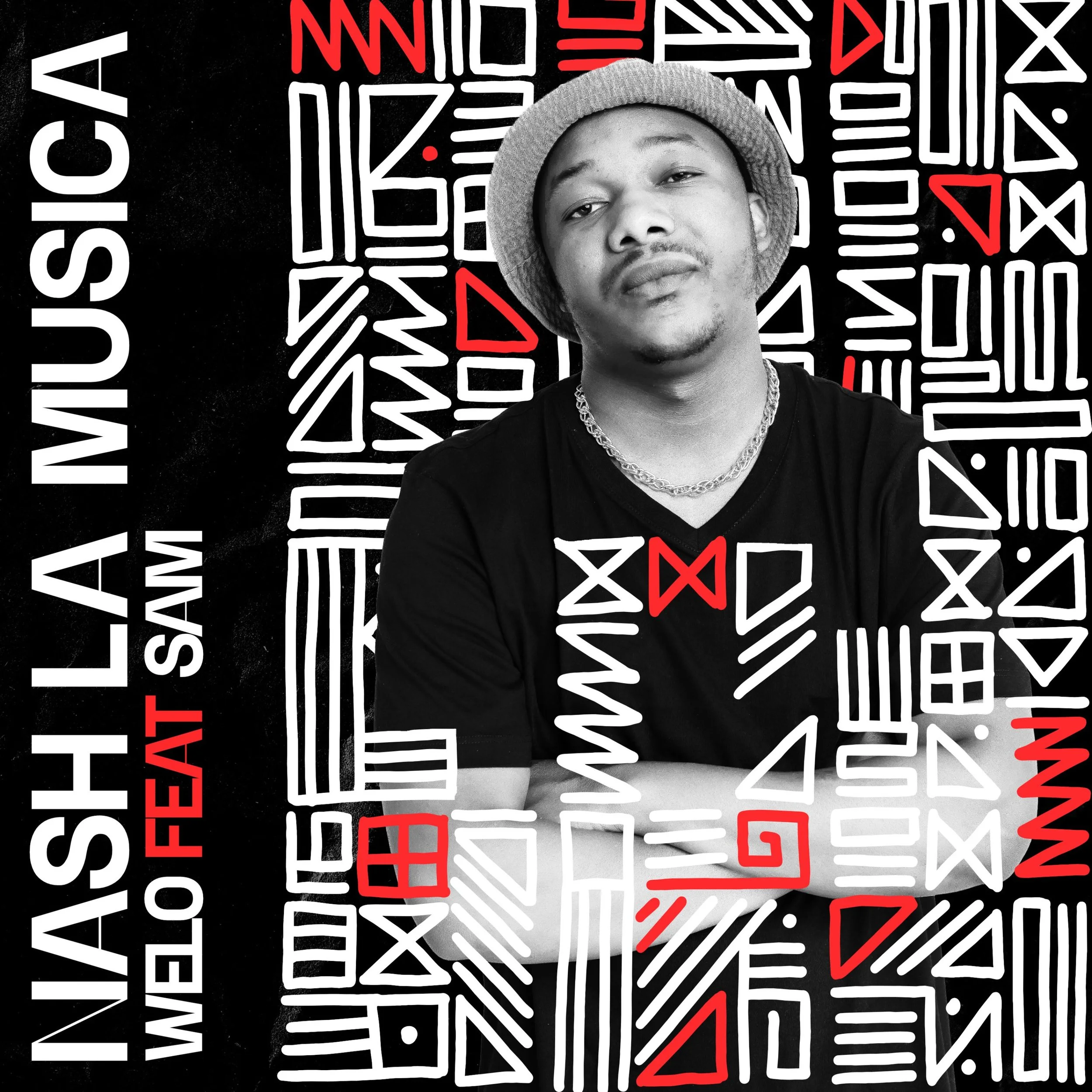Black and white portrait of a young man wearing a bucket hat, a chain necklace, and a black t-shirt. The background features a bold, geometric pattern with red and white designs, and there is text that reads 'Inash La Weo' and 'WWW.INASH.LA' along th