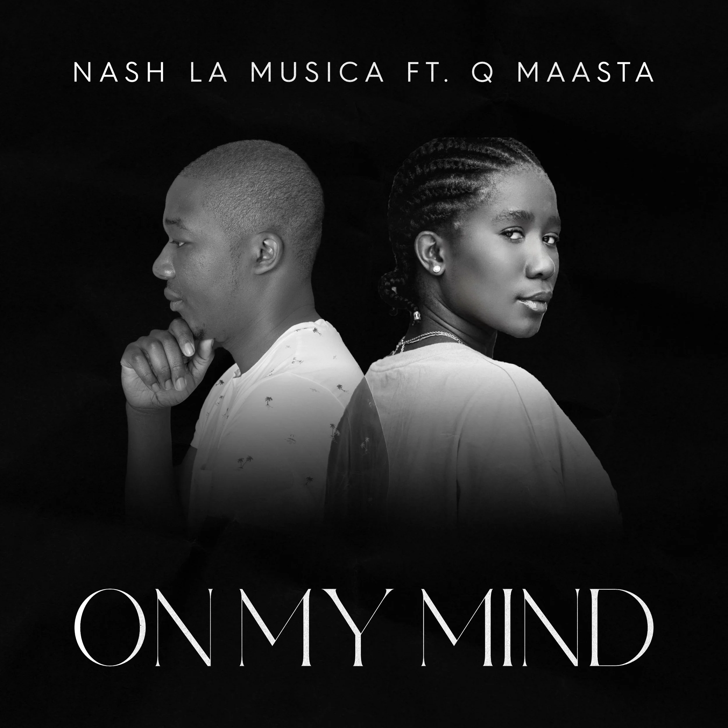 Black and white album cover featuring a man and woman back-to-back, facing opposite directions. The man is on the left with a short haircut and contemplative pose, and the woman is on the right with braided hair and a confident expression. Text at th