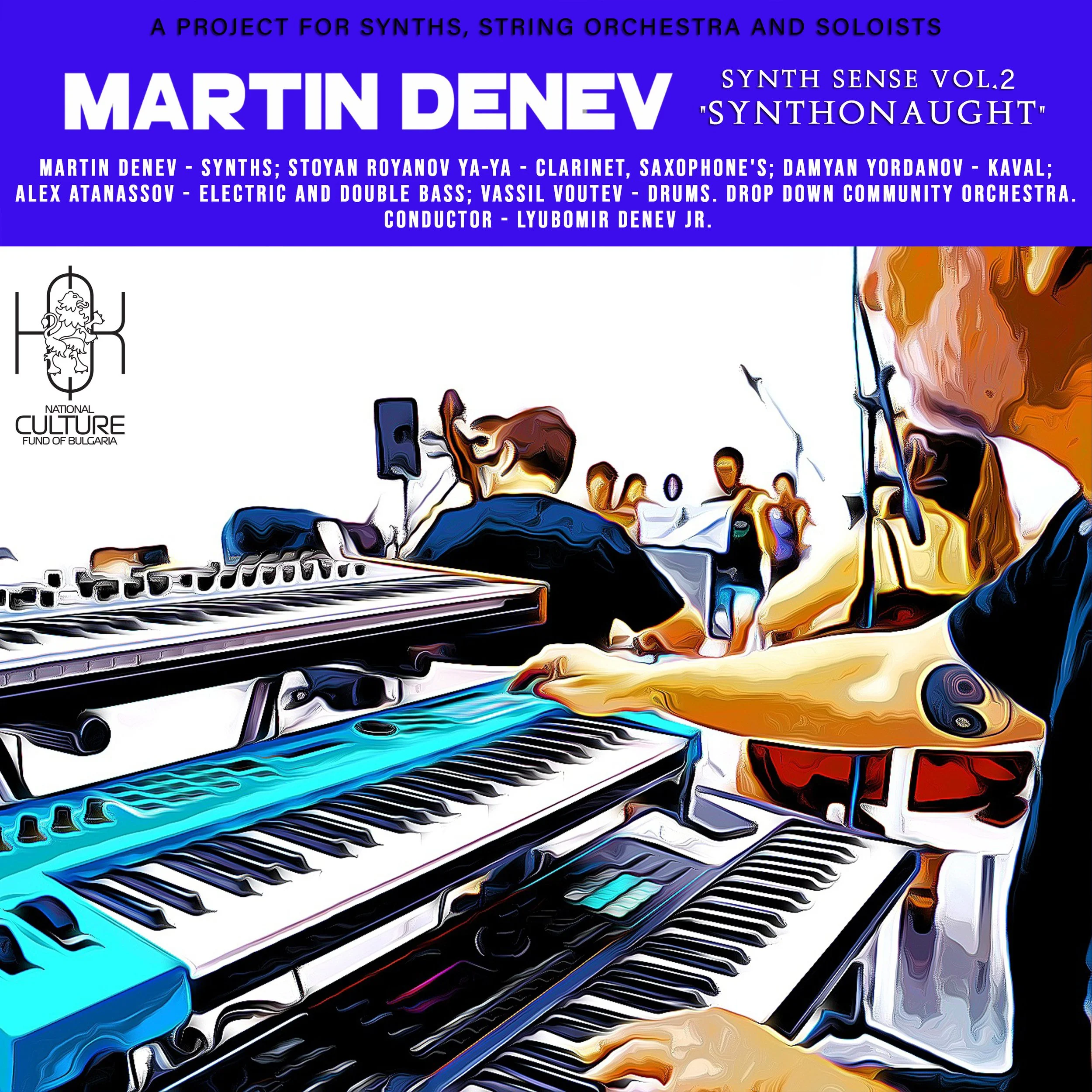 Poster for a music project featuring Martin Denev with a blue background and white text. Shows musicians playing synthesizers and a guitar with an audience in the background, promoting a project for synths, string orchestra, and soloists.