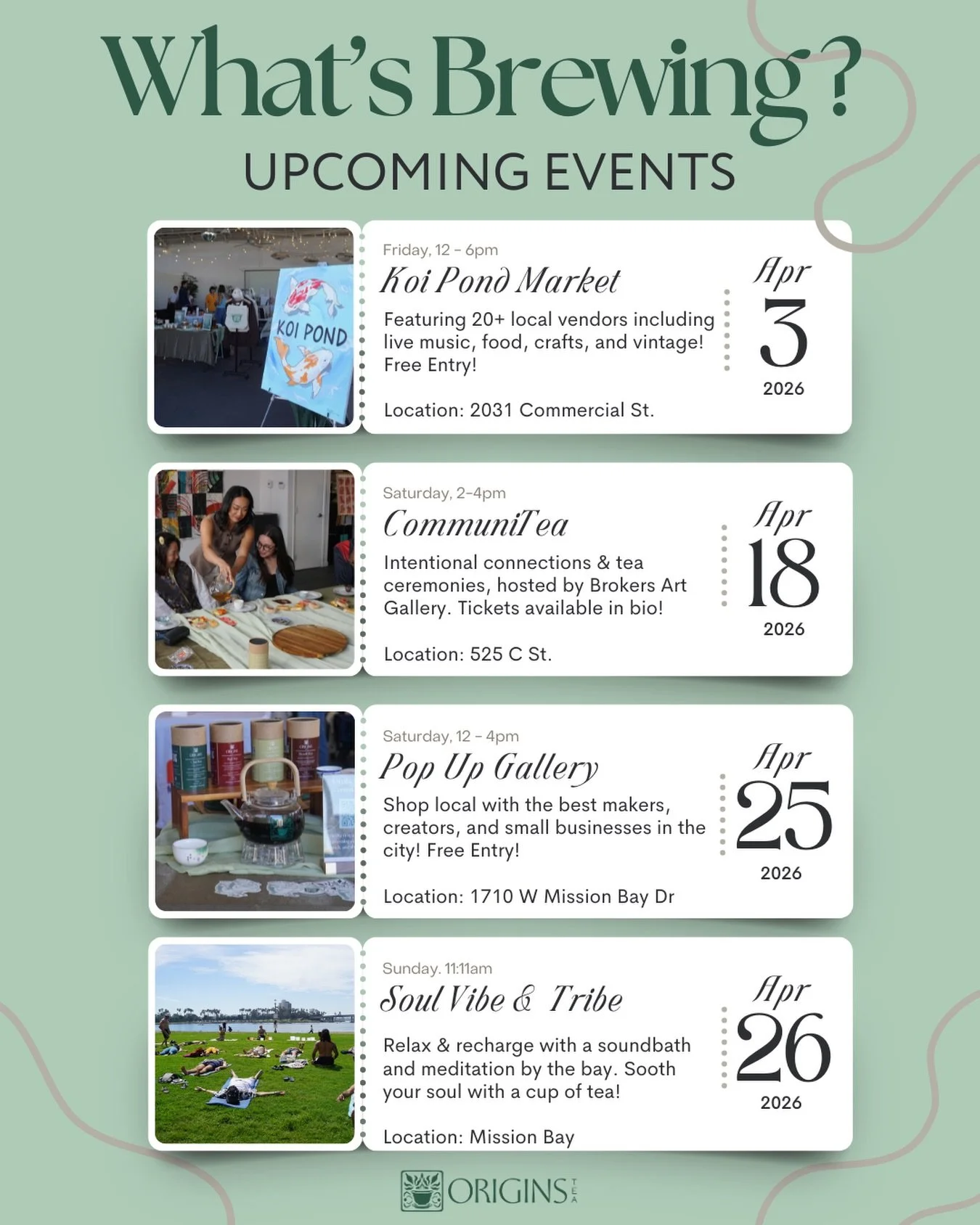 Grab your calendar, besTea! April is about to be a tea-rrific month 🙂&zwj;↕️ We&rsquo;re brewing up more pop-up markets, more in-person connections, and more relaxation! 💫 stop by and let&rsquo;s share a cup of tea together 🫶🏼 #aprilevents #sandi