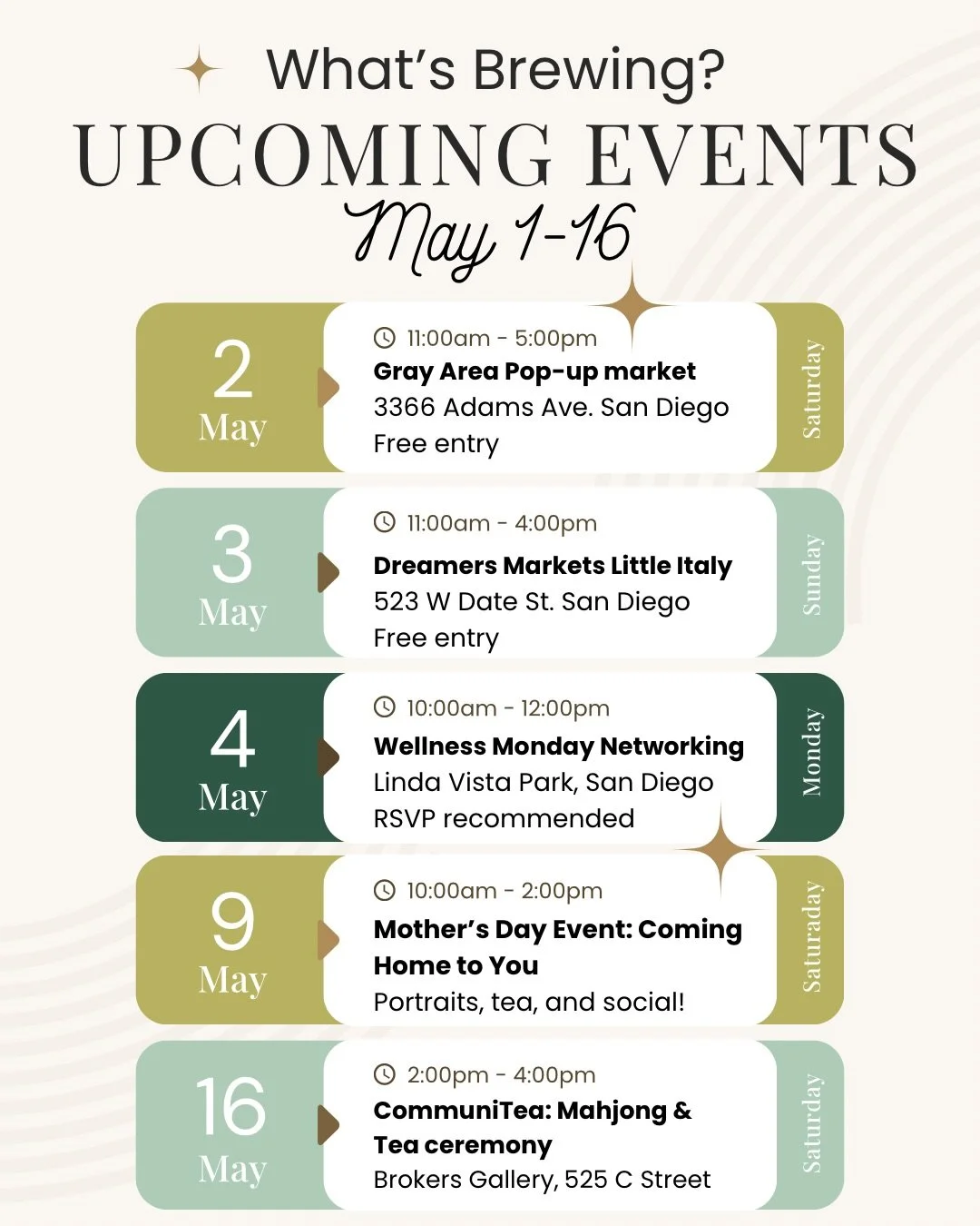 BesTeas! We keep your calendar full, just like your tea cups 🙂&zwj;↕️ here&rsquo;s what&rsquo;s brewing (so far!!) for May 🌸🫖

🌸5/2: @grayareamkts on Adams Ave 🛒 shop vintage &amp; local small businesses!

🌸5/3: @dreamersmarkets in Little Italy