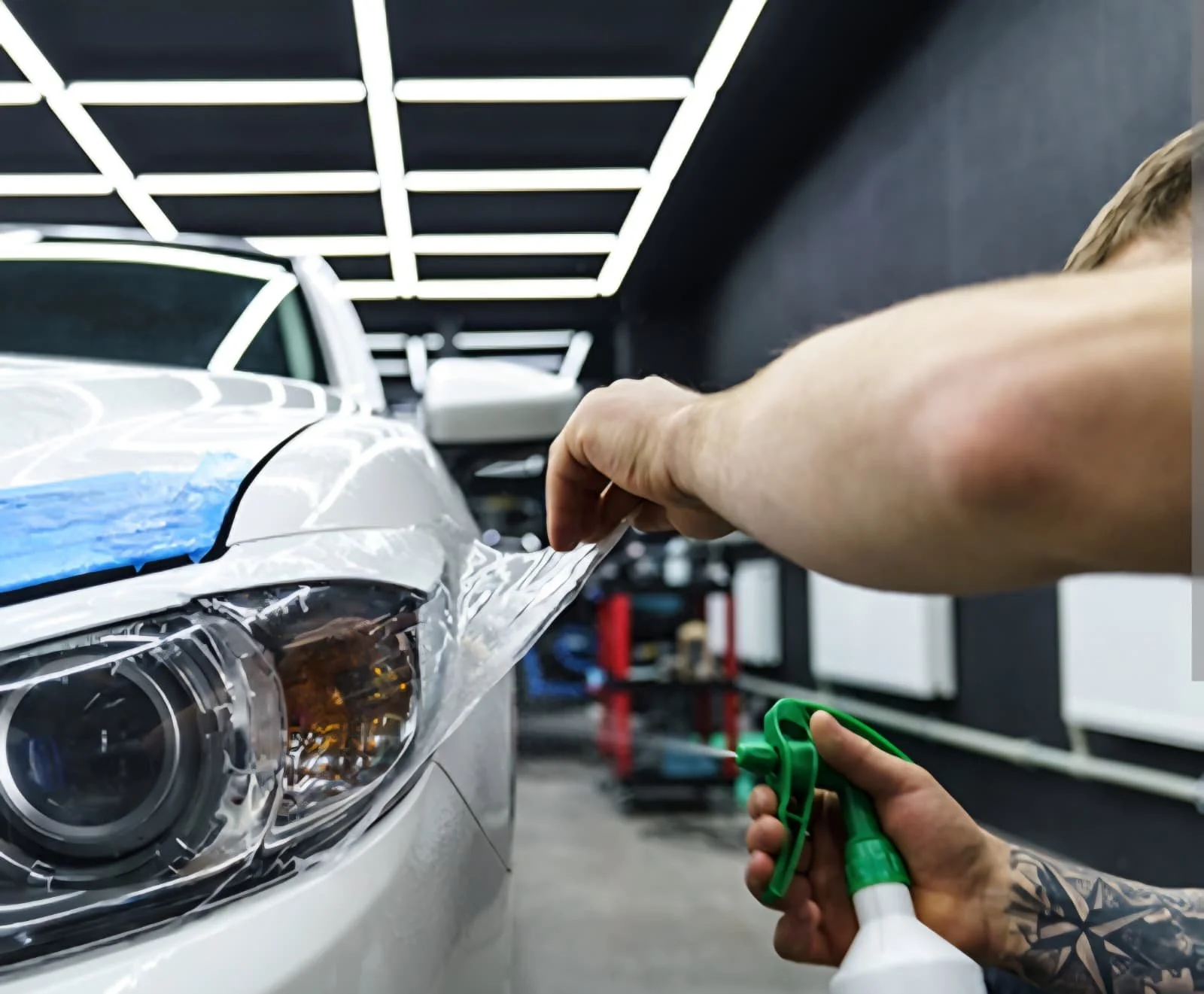 A person applies protective film to a white car's headlight in a well-lit garage.