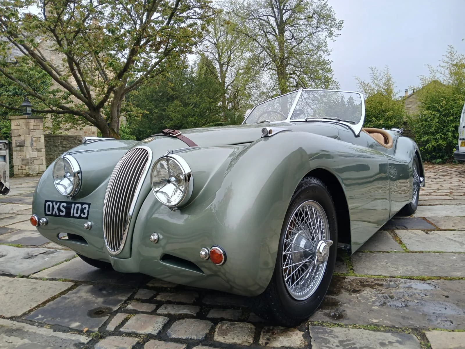 A classic green convertible car with vintage styling is parked on cobblestones, surrounded by lush greenery