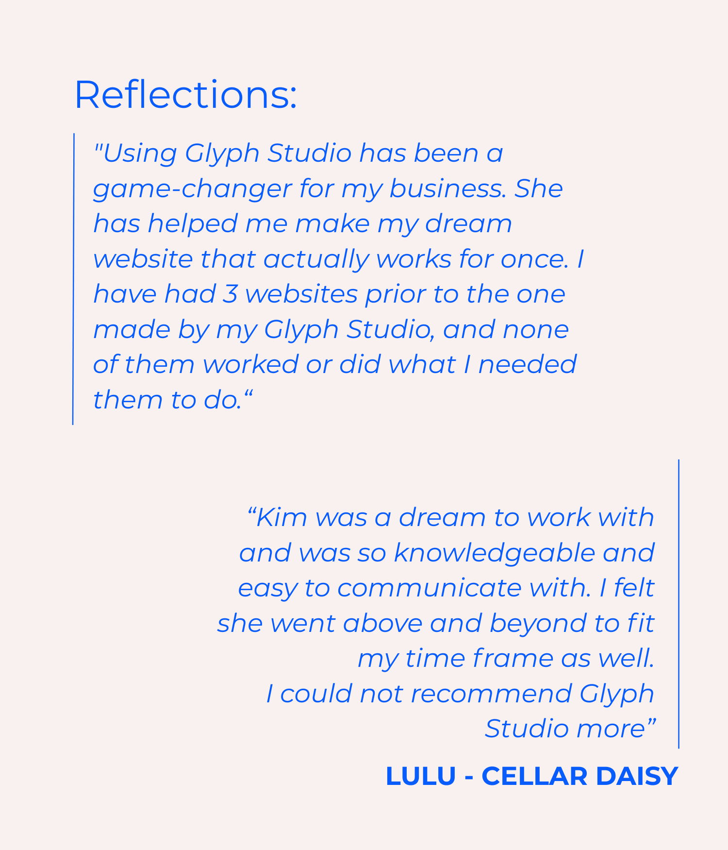 A quote about working with Kim, praising her professionalism and expertise in creating a website, titled 'Reflections'.