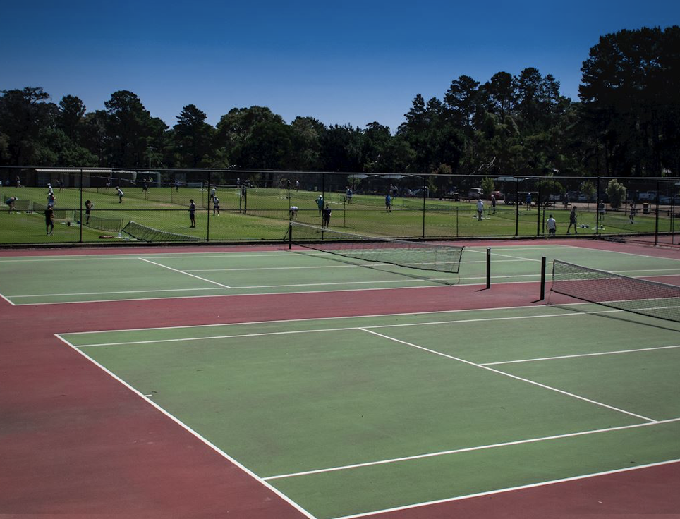Tennis courts and a public park with people playing tennis and walking, surrounded by trees under a clear blue sky.