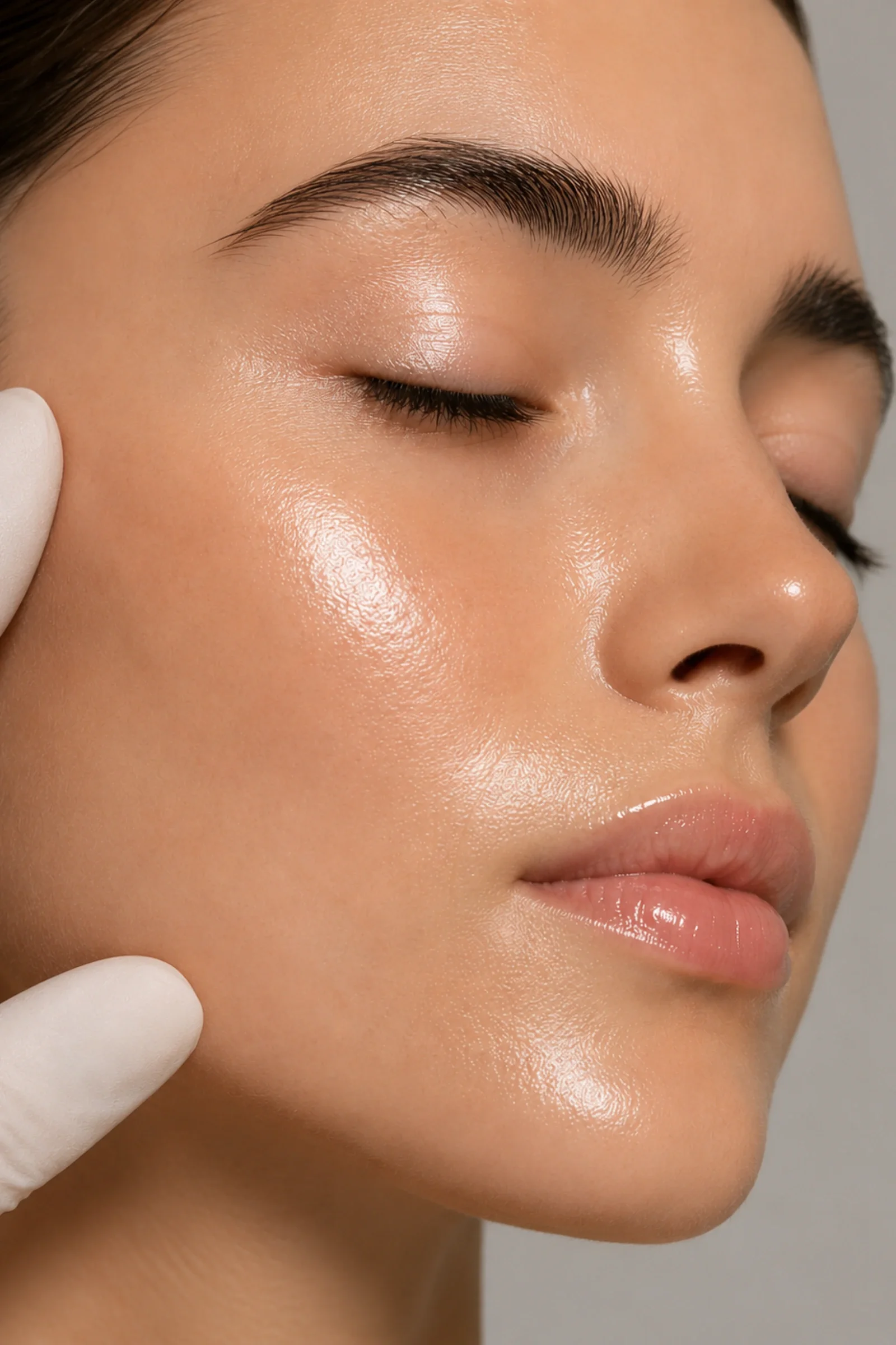 Close-up of a woman's face with closed eyes, showing smooth skin and well-groomed eyebrows, as a gloved hand gently touches her cheek after m3.0, Mineralized Recovery and Tonifying Balm by TWINE Medicals.