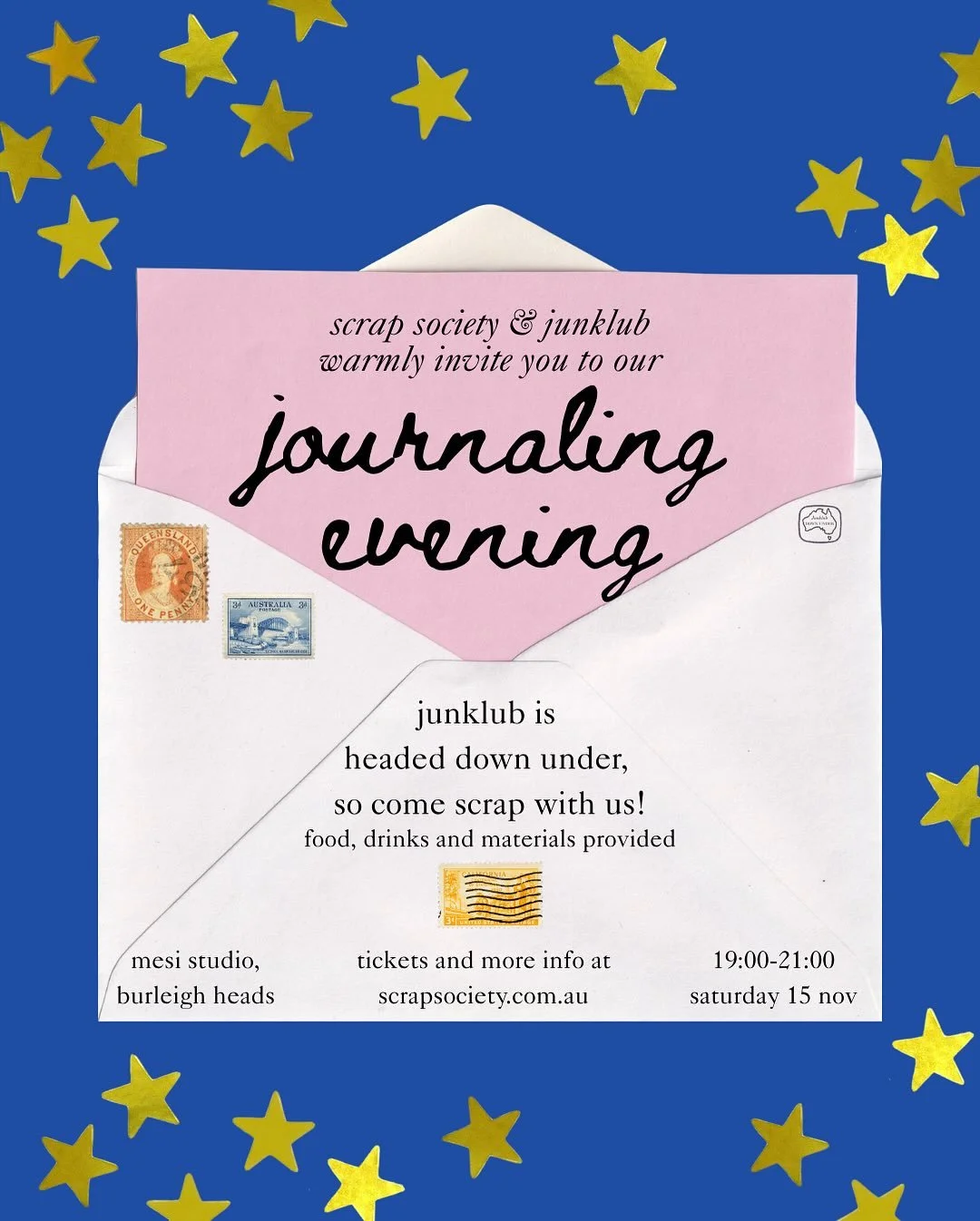 JUNKLUB IS HEADING DOWN UNDER! Join us for an intimate, wholesome evening of journaling and getting crafty with new friends!
Every ticket will come with an iconic Junklub box, full of goodies from Junklub, Scrap Society (including a custom postcard