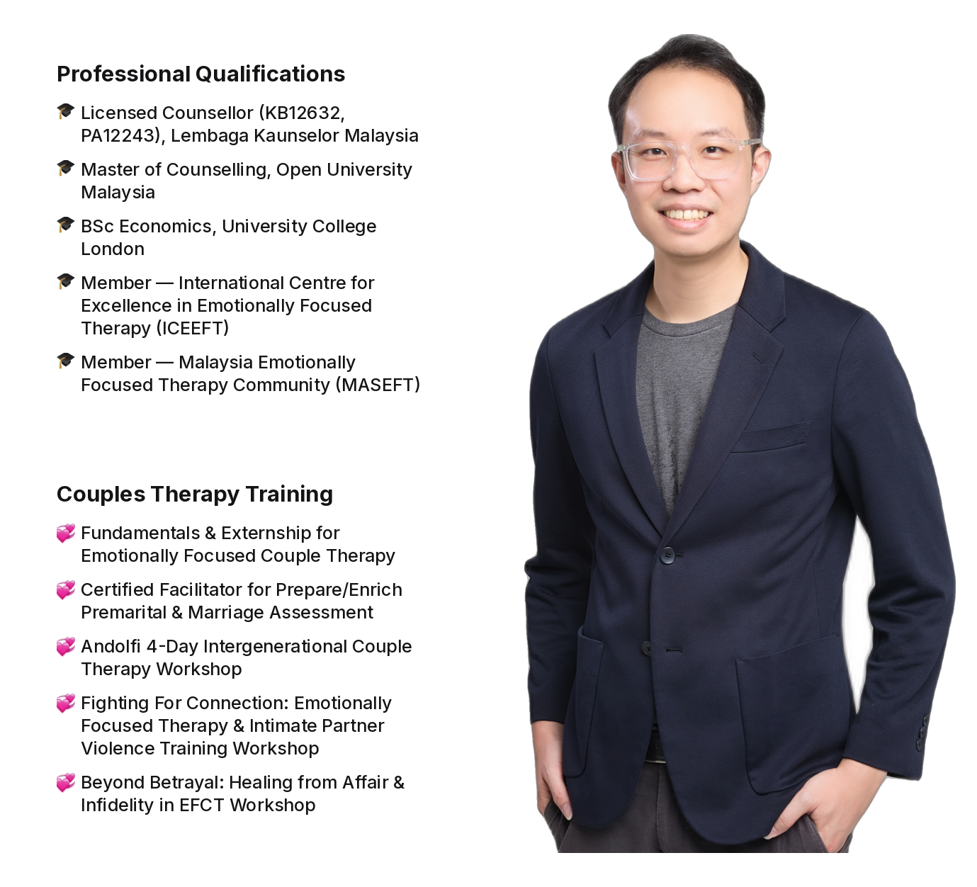 Han Yang, licensed counsellor in Petaling Jaya, with his counselling qualifications and couples therapy training