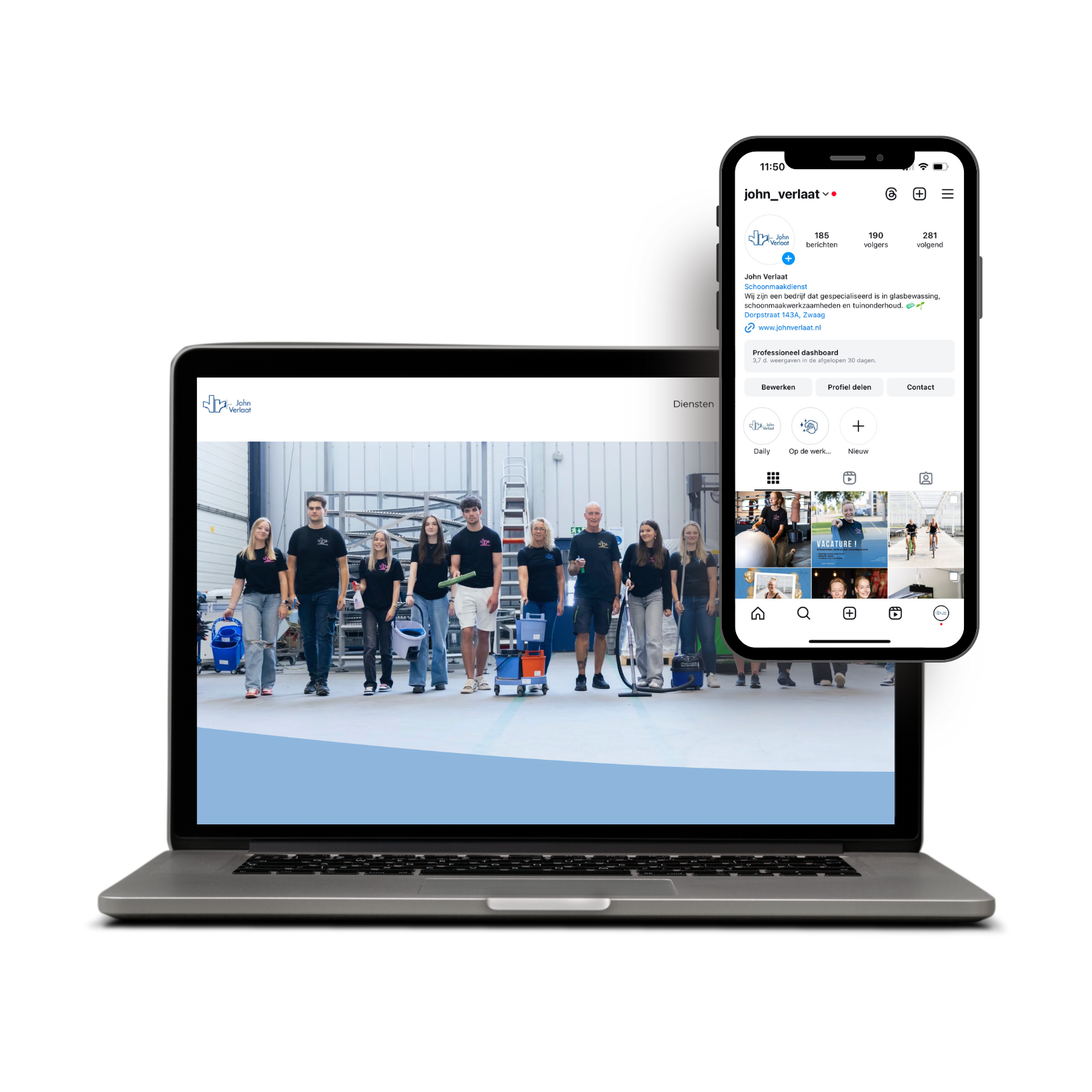 Een laptop en een smartphone tonen een bedrijfsprofiel op sociale media. Op de laptop is een team van mensen in een industriële omgeving te zien, terwijl de smartphone het profiel van een bedrijf voor schoonmaakdiensten toont.