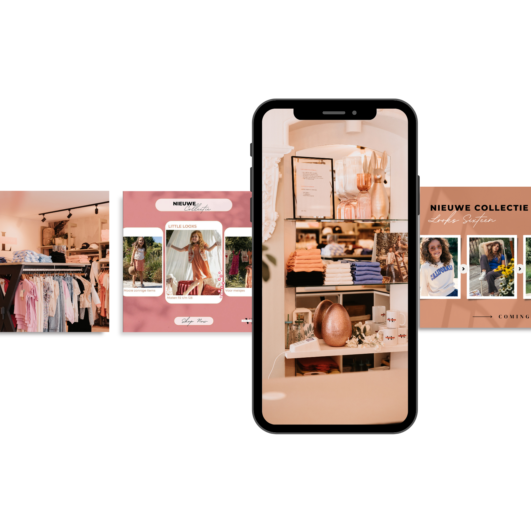 Screenshots van een online kleding- en accessoireswinkel, inclusief een overzicht van een winkelinterieur en modefoto's.