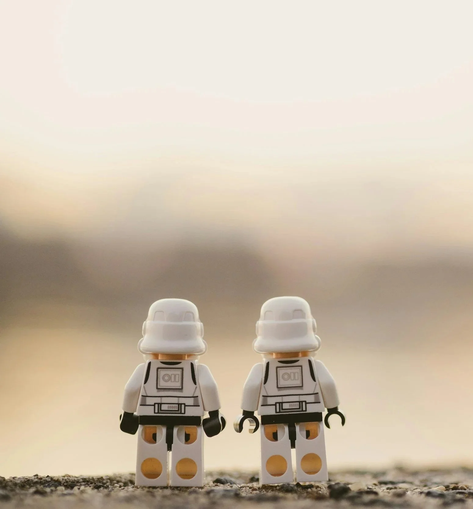 Zwei LEGO Stormtrooper-Minifiguren stehen auf einem Boden, Blick nach vorne, bei Sonnenuntergang oder Sonnenaufgang im Hintergrund. Symbolisiert die innige Zusammenarbeit in meinem Coaching und dass man gemeinsam Höchstleistungen erreicht.