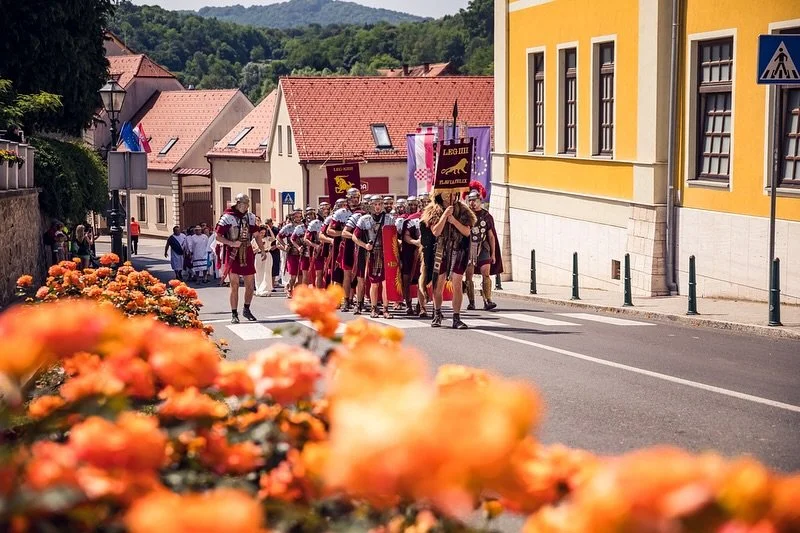 A procession of people dressed in traditional or historical costumes walking down a street in a small town, with banners, colorful buildings, flowers in the foreground, and a hilly landscape in the background.