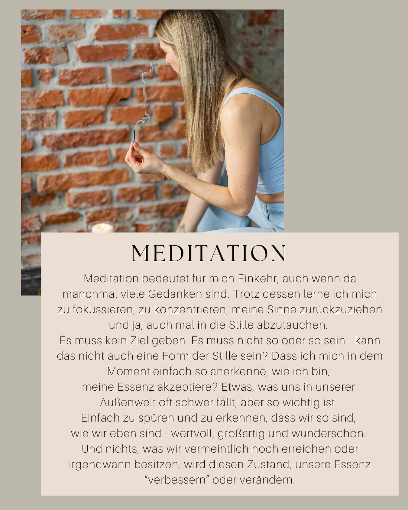 Meditation - nicht immer easy, oft missverstanden, aber so wohltuend und wertvoll für unsere mentale Gesundheit.
Meditation kann auch aktiv sein, das heißt du musst nicht zwangsläufig still sitzen. Auch wenn du dich bewegst, sprich s