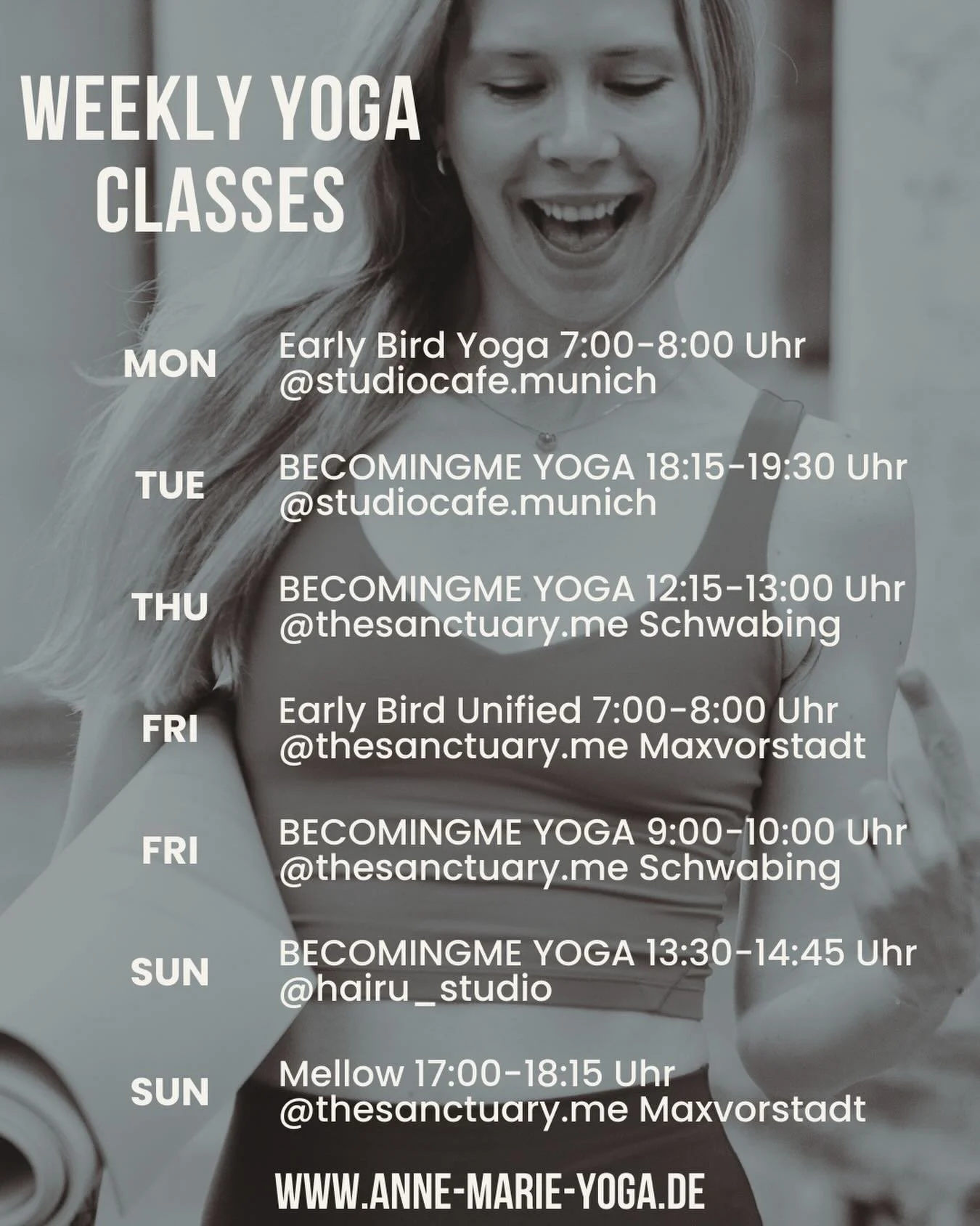 Update WEEKLY YOGA CLASSES 🤍

Alle Klassen k&ouml;nnen direkt &uuml;ber meine Website gebucht werden - link in der bio 🙏

Montag
Early Bird Yoga 7:00-8:00 Uhr 
@studiocafe.munich 

Dienstag 
BECOMINGME YOGA 18:15-19:30 Uhr
@studiocafe.munich 

Donn